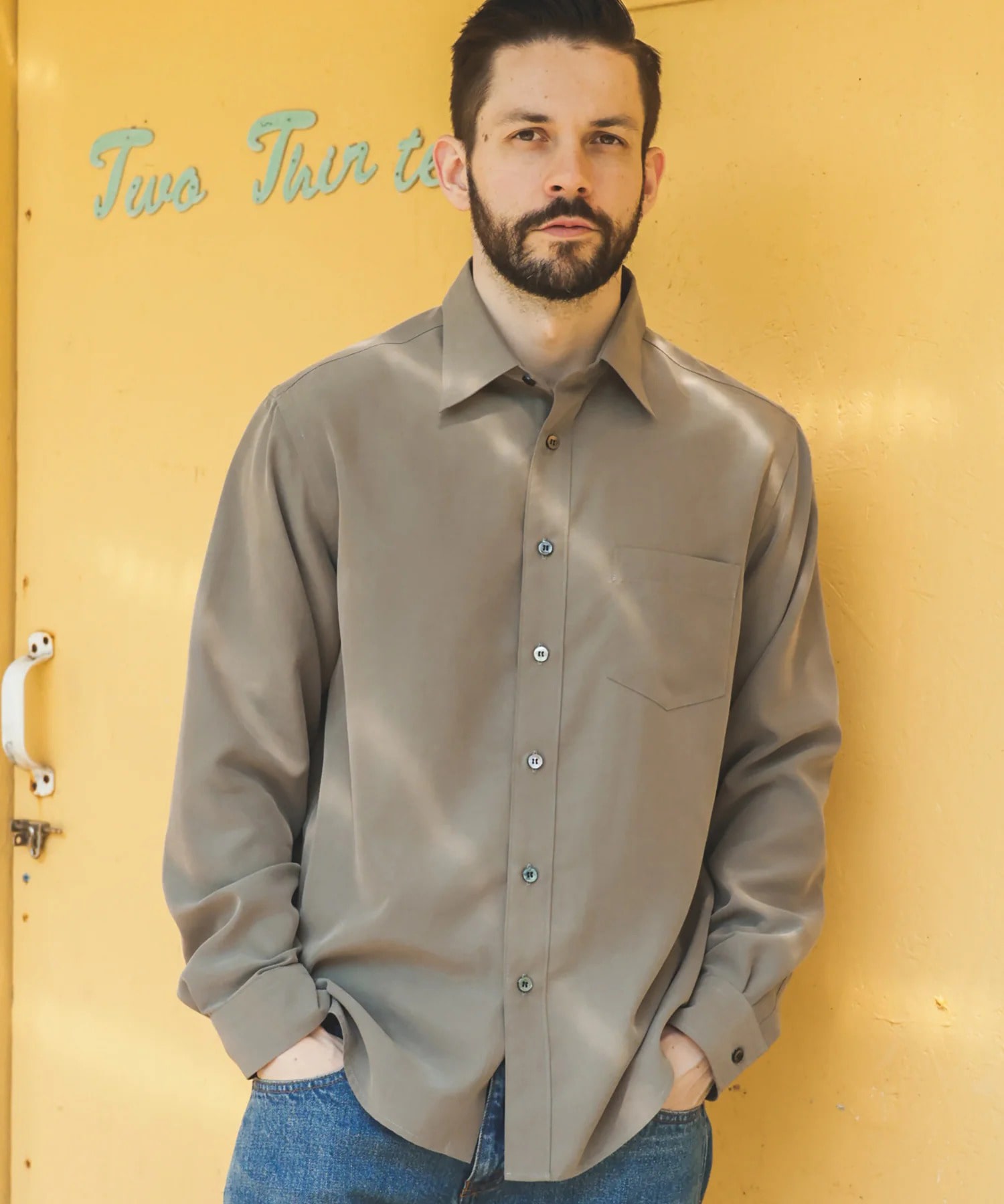 T/R POWDER POPLIN CLOTH /REGULAR COLLAR SHIRT MR.OLIVE