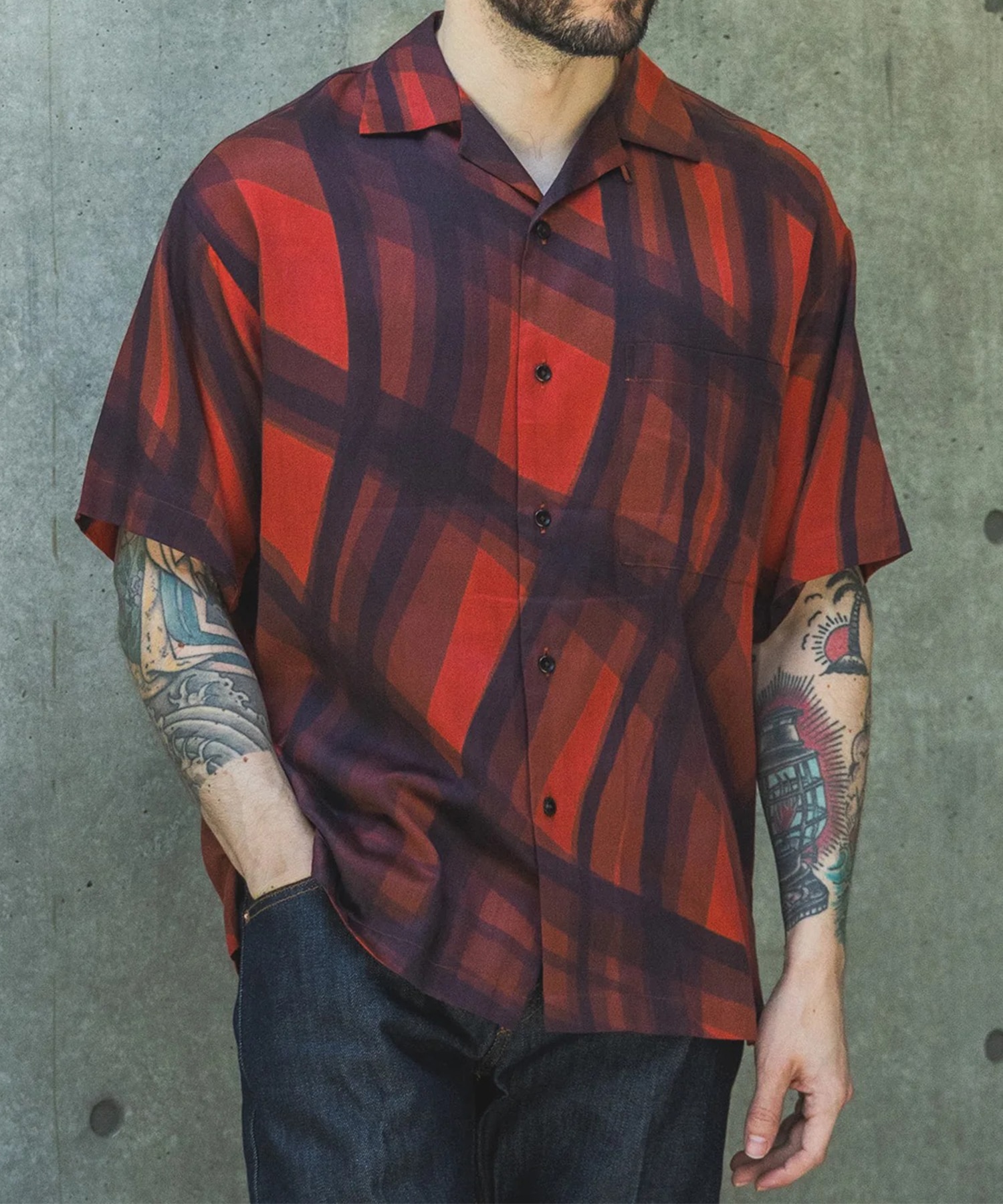 ABSTRACT CHECK /SHORT/S OPEN COLLAR SHIRT MR.OLIVE