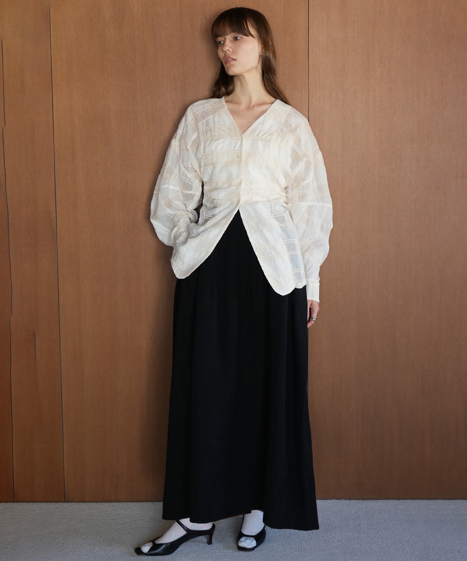 SHEER CHECK TUCK WAIST BLOUSE CLANE