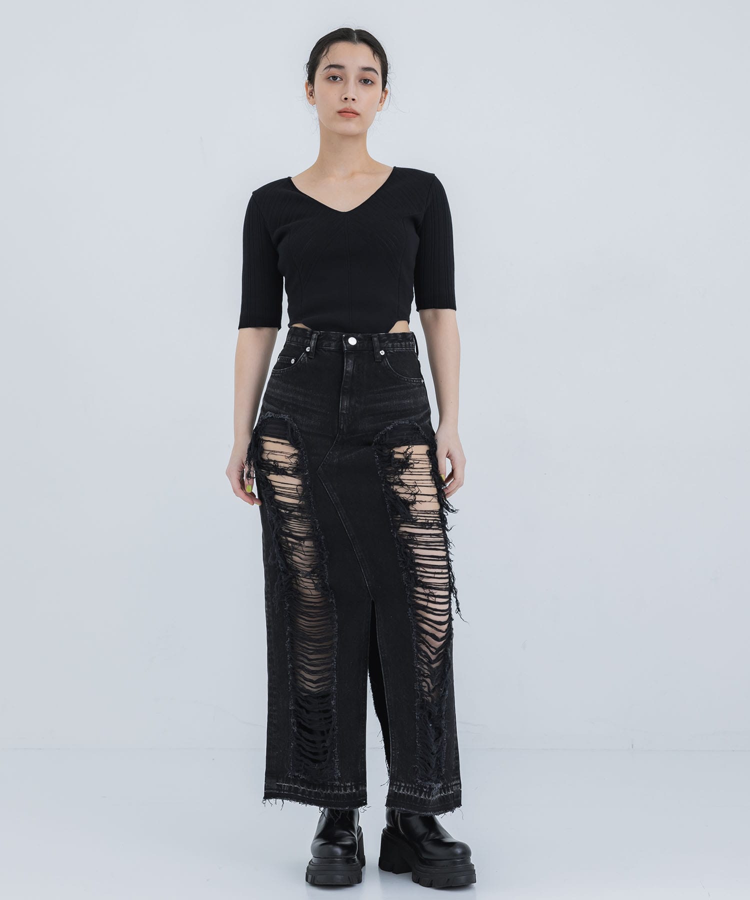 WASHED DENIM RIPPED LONG SKIRT JOHN LAWRENCE SULLIVAN
