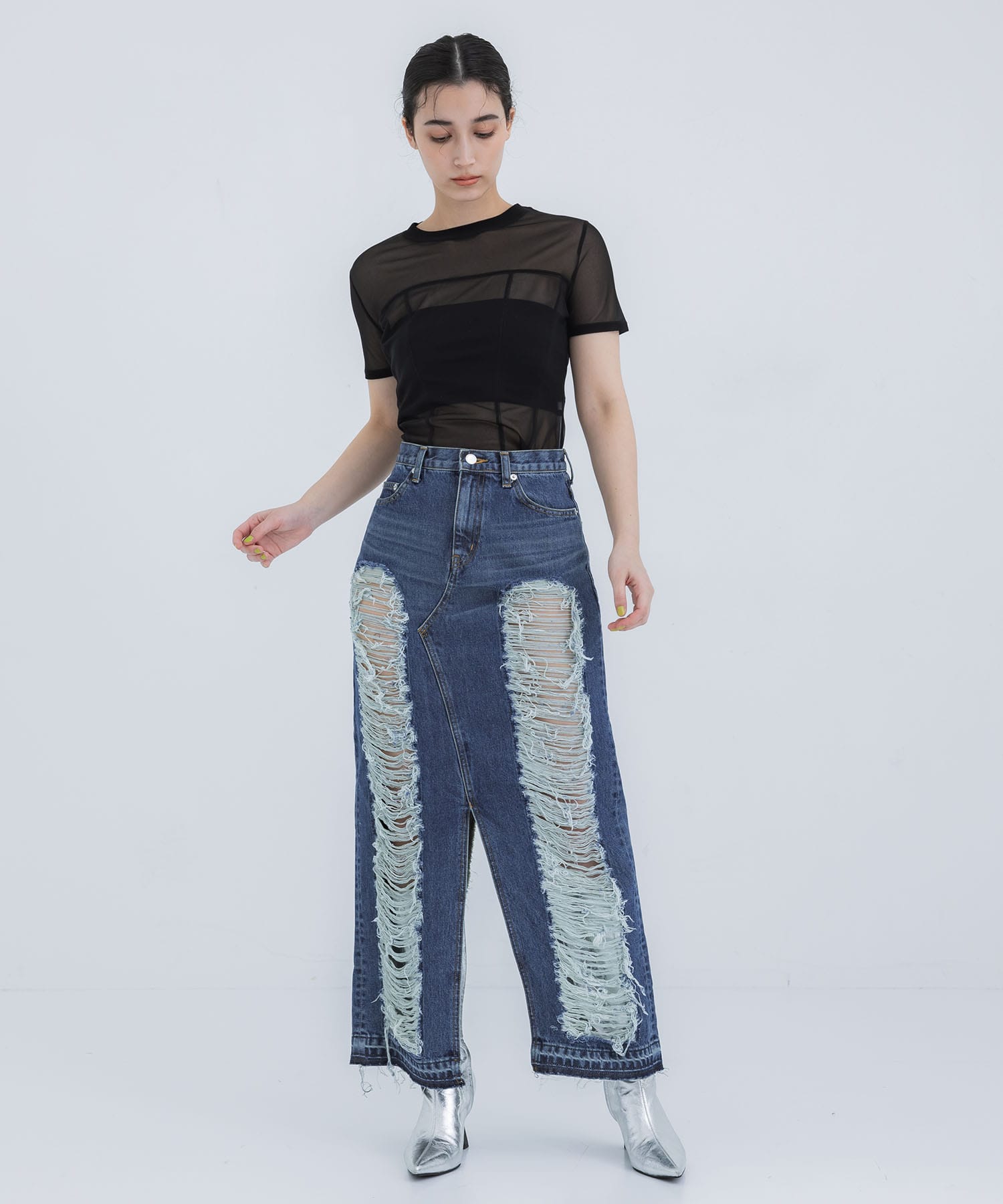 WASHED DENIM RIPPED LONG SKIRT JOHN LAWRENCE SULLIVAN