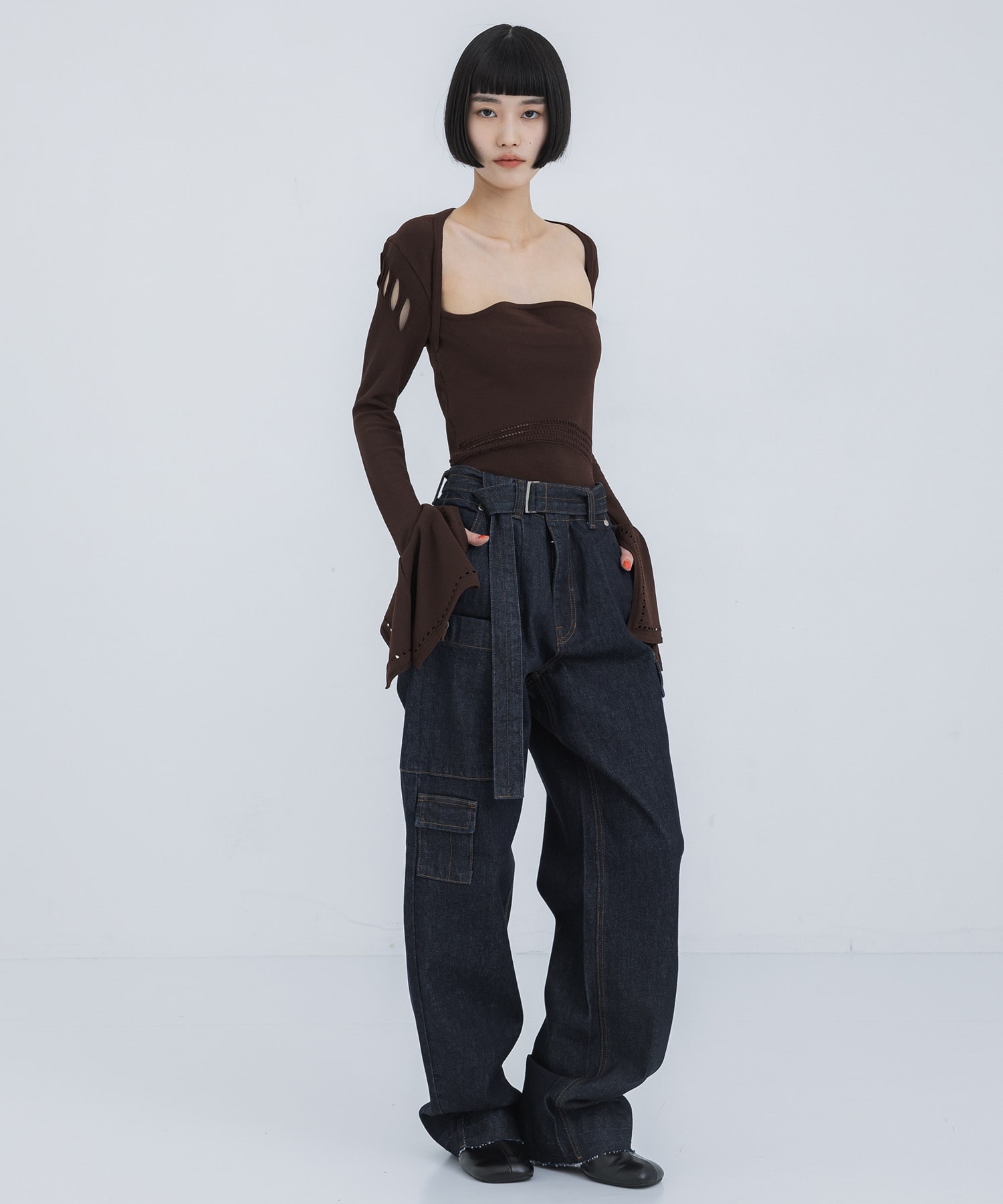 MESH KNIT SHAPED-NECK BODYSUIT FETICO