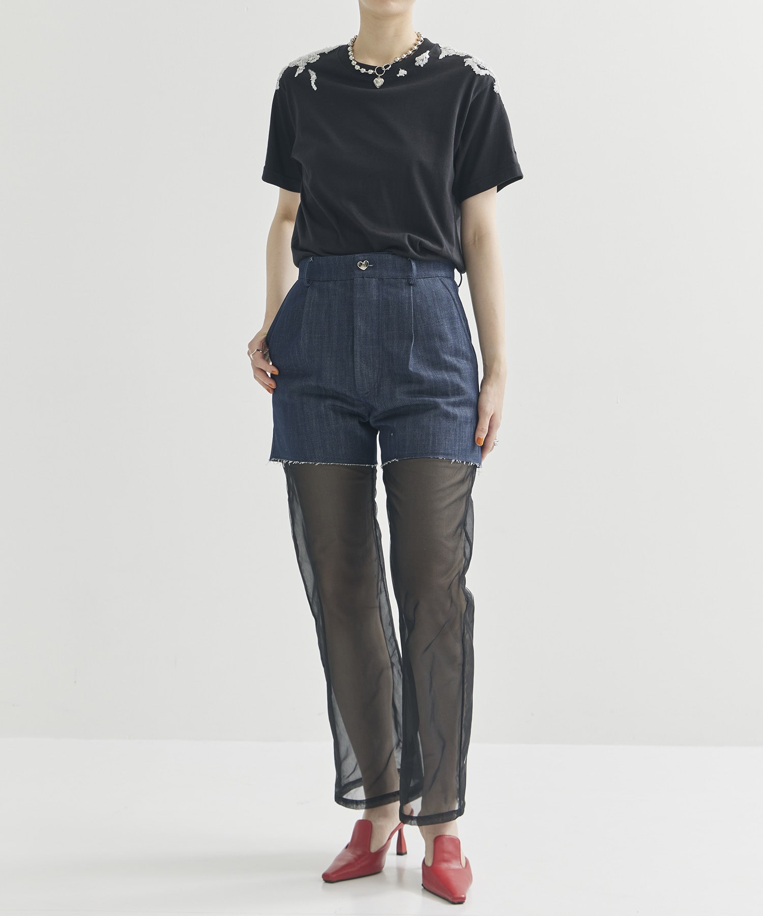 別注Panel Tulle Denim Pants VIVIANO
