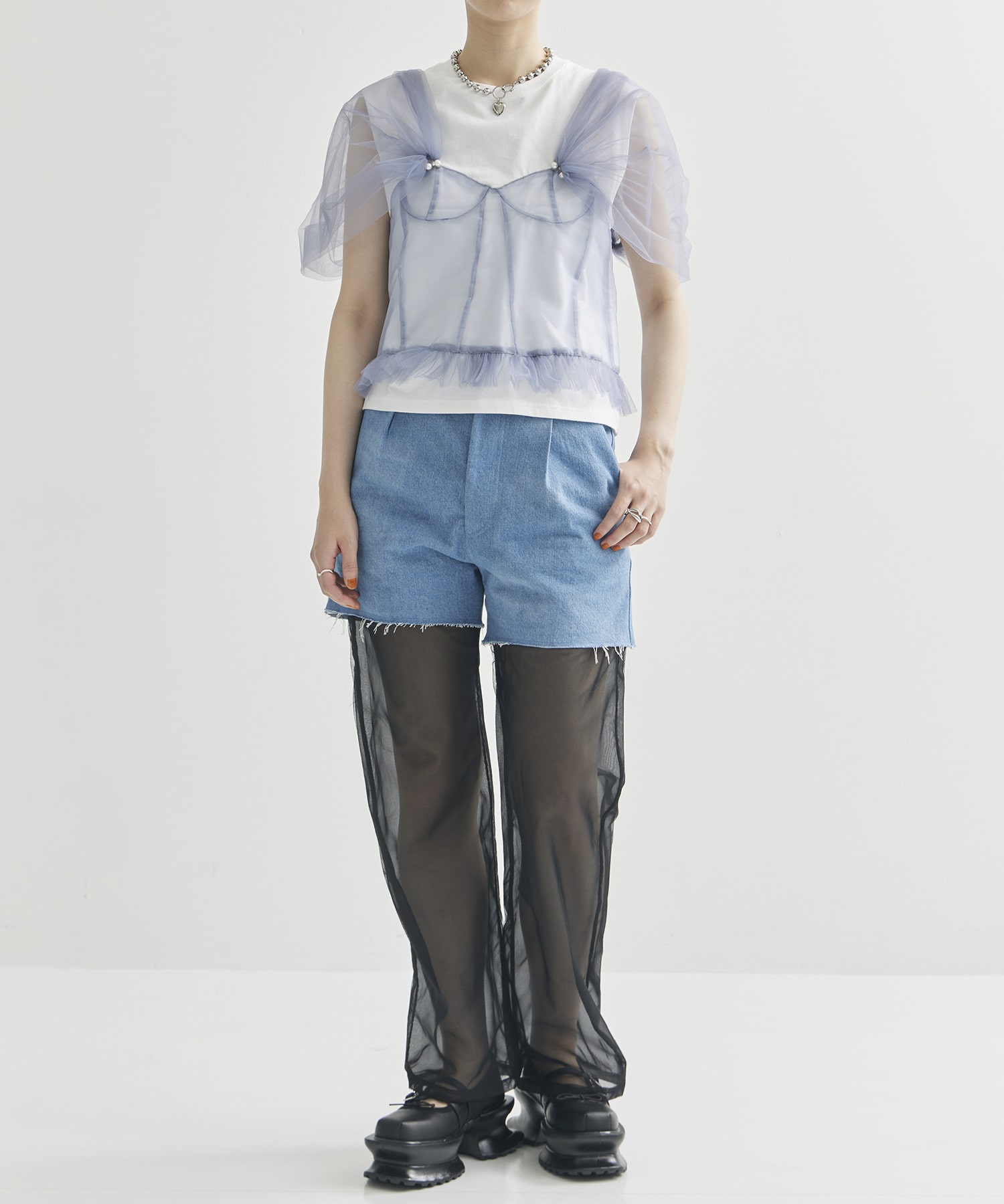 別注Panel Tulle Denim Pants VIVIANO
