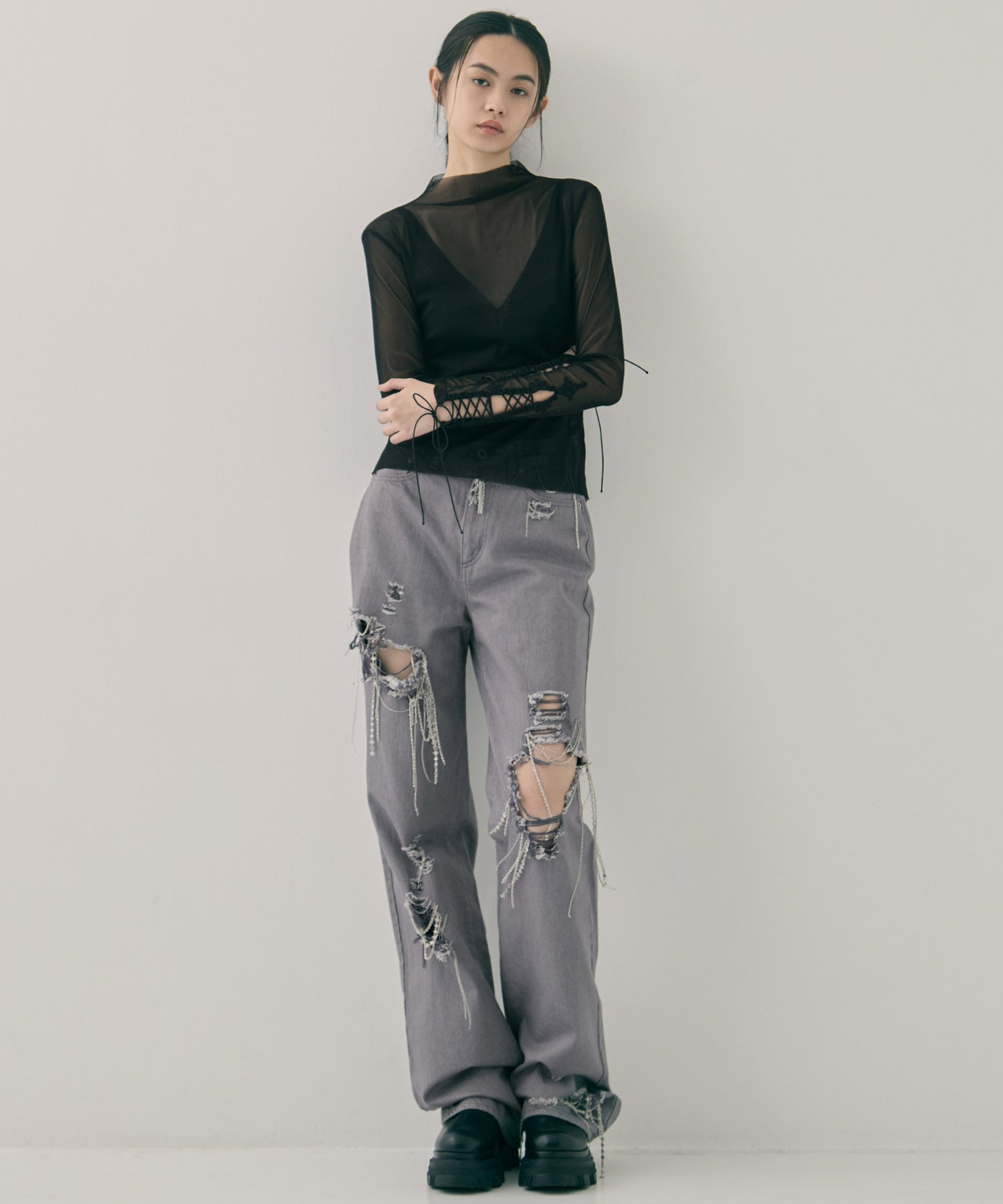 lace up sleeve sheer tops Beige tanakadaisuke