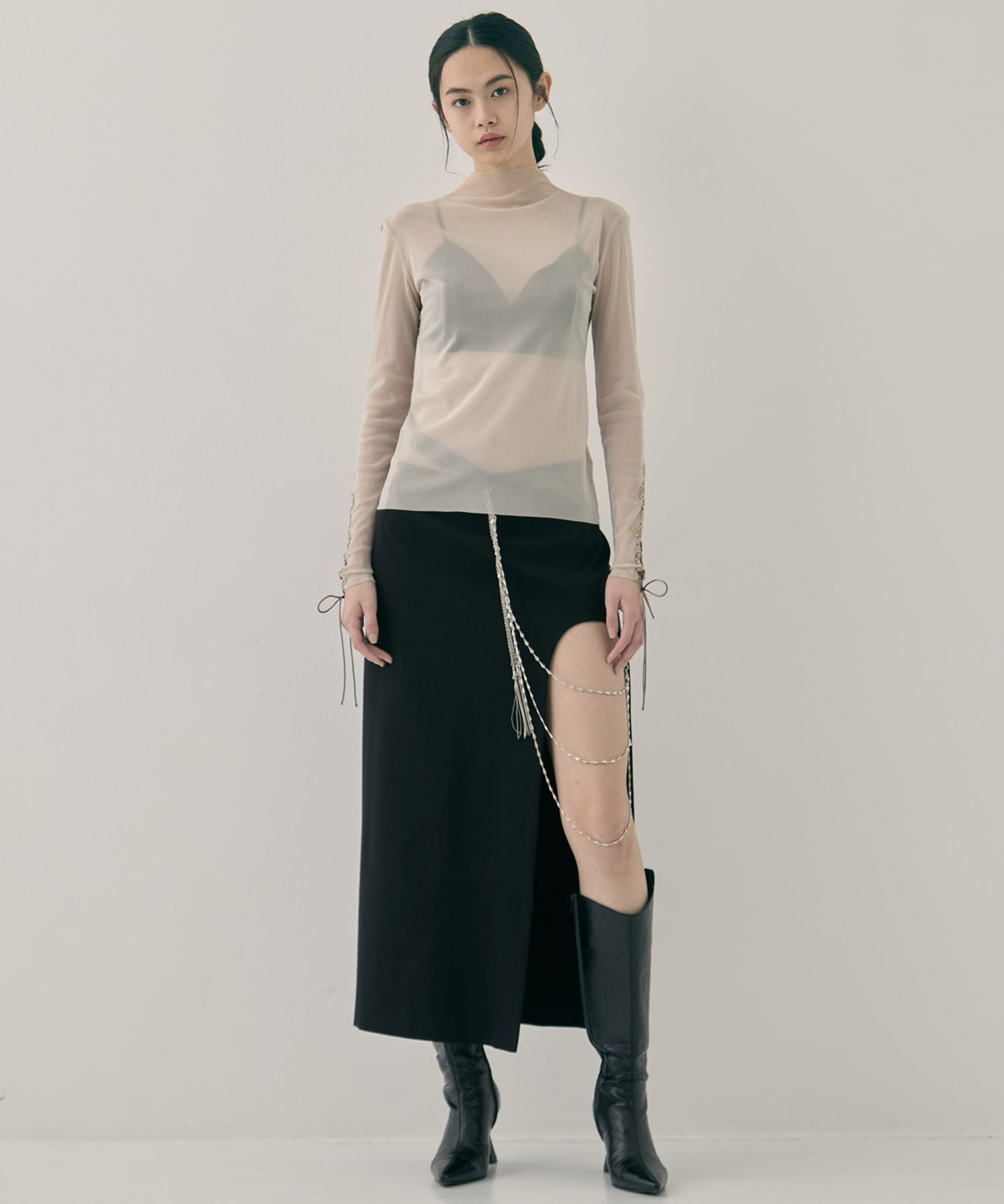 lace up sleeve sheer tops Beige tanakadaisuke