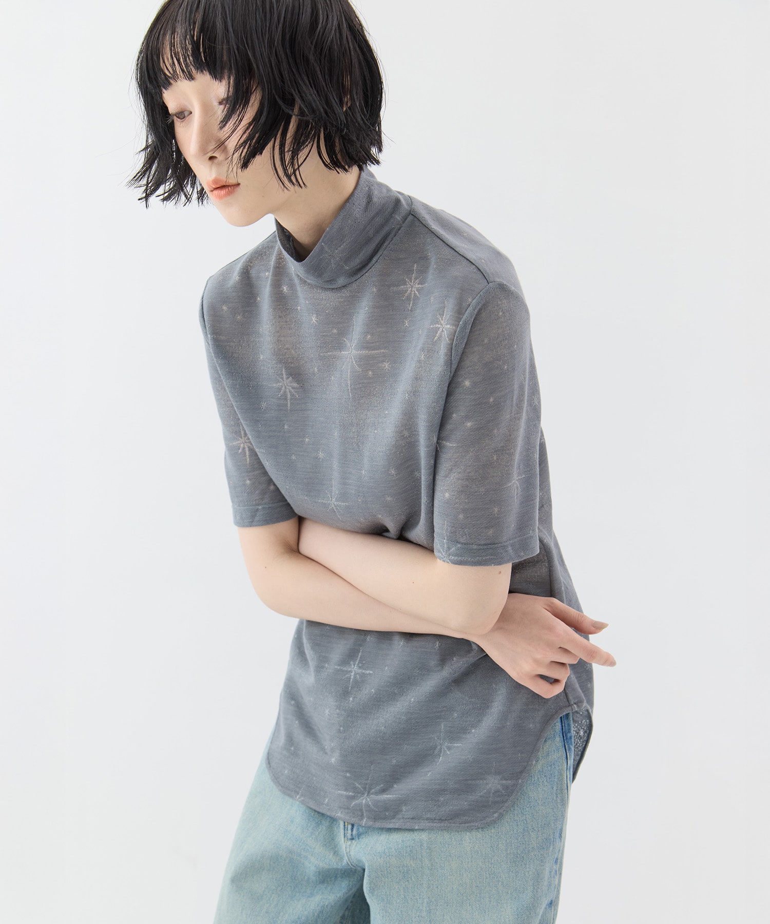 Starry Jersey Short Sleeve Sheer Top Mame Kurogouchi