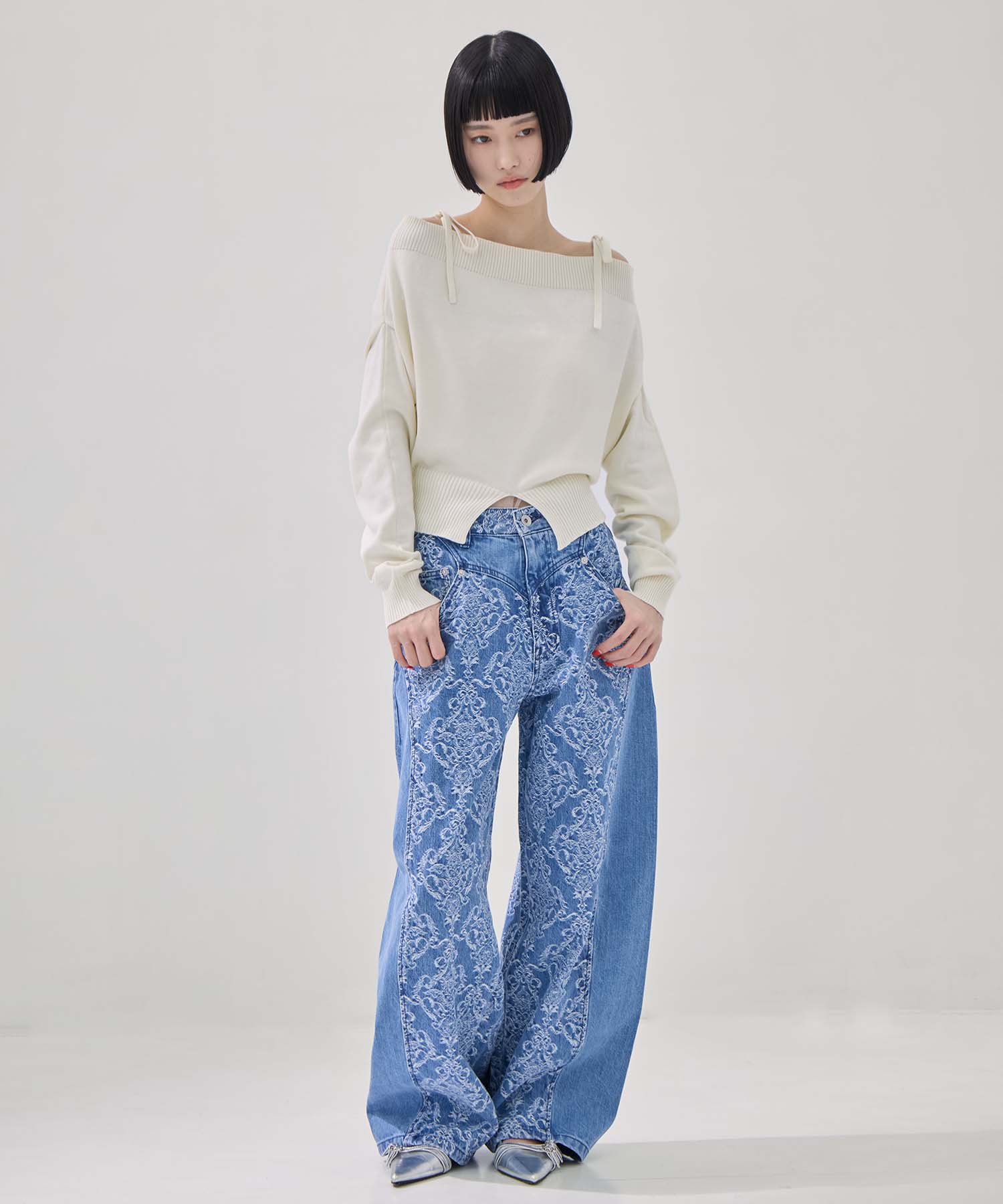 DAMASK-PRINT DENIM CURVE-FIT HIGH-RISE JEANS FETICO