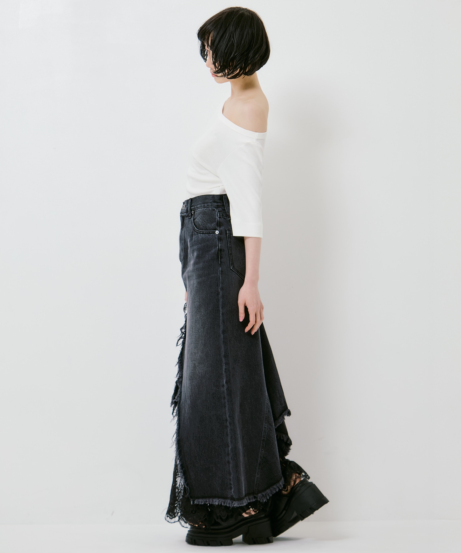 REMAKE LIKE DENIM LACE LAYERED SKIRT AMERI