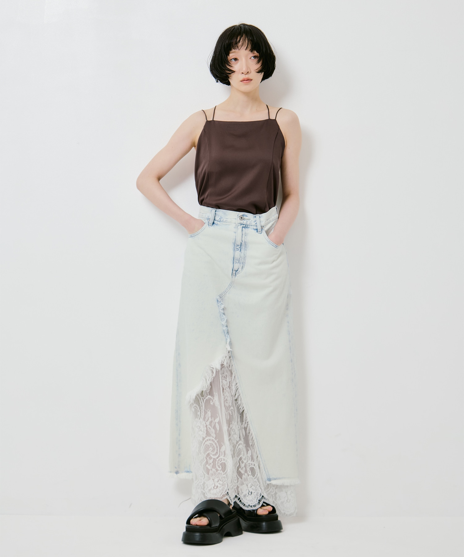 REMAKE LIKE DENIM LACE LAYERED SKIRT AMERI