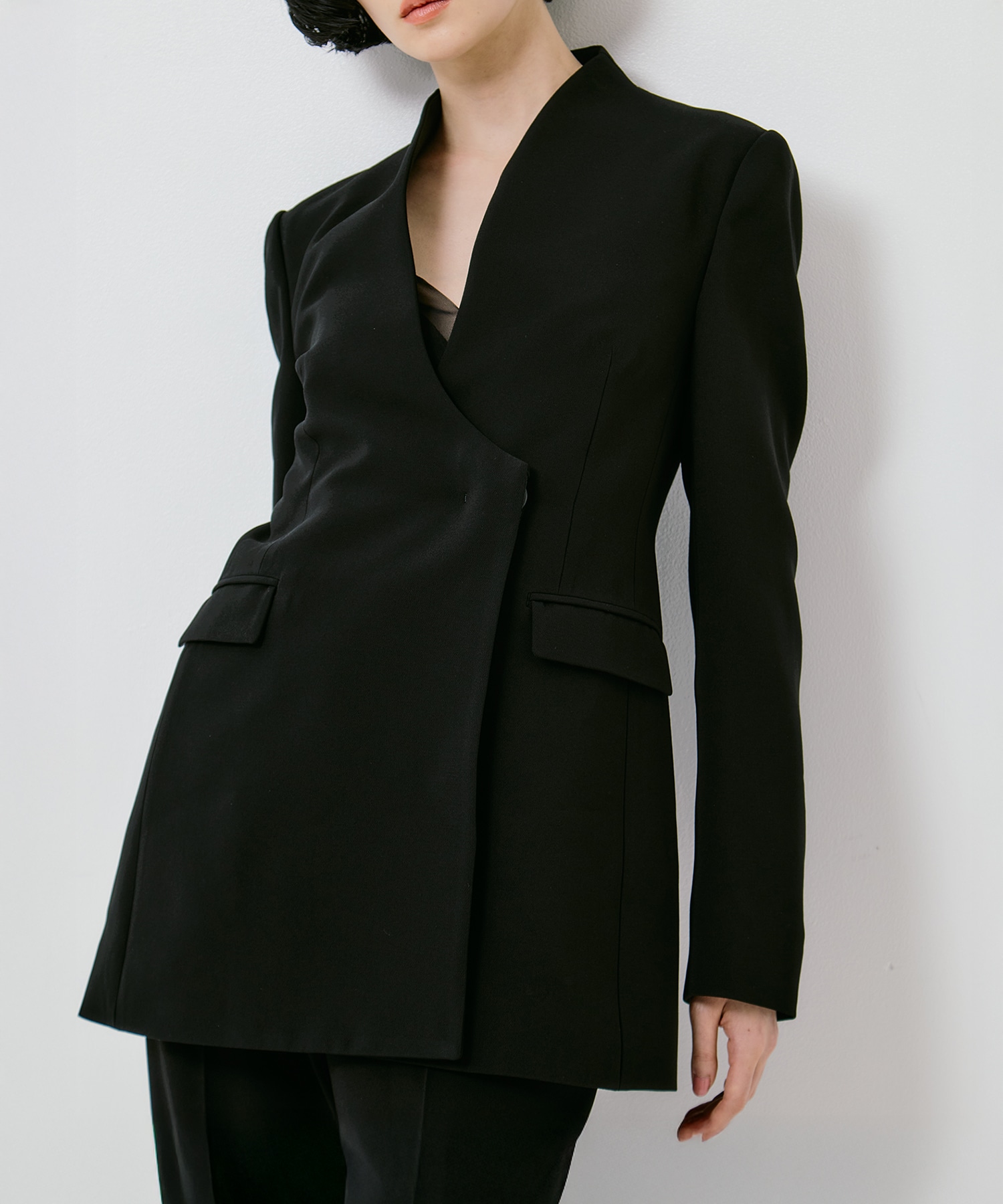 Triacetate Polyester Collarless Double Breasted Suit Jacket Mame Kurogouchi