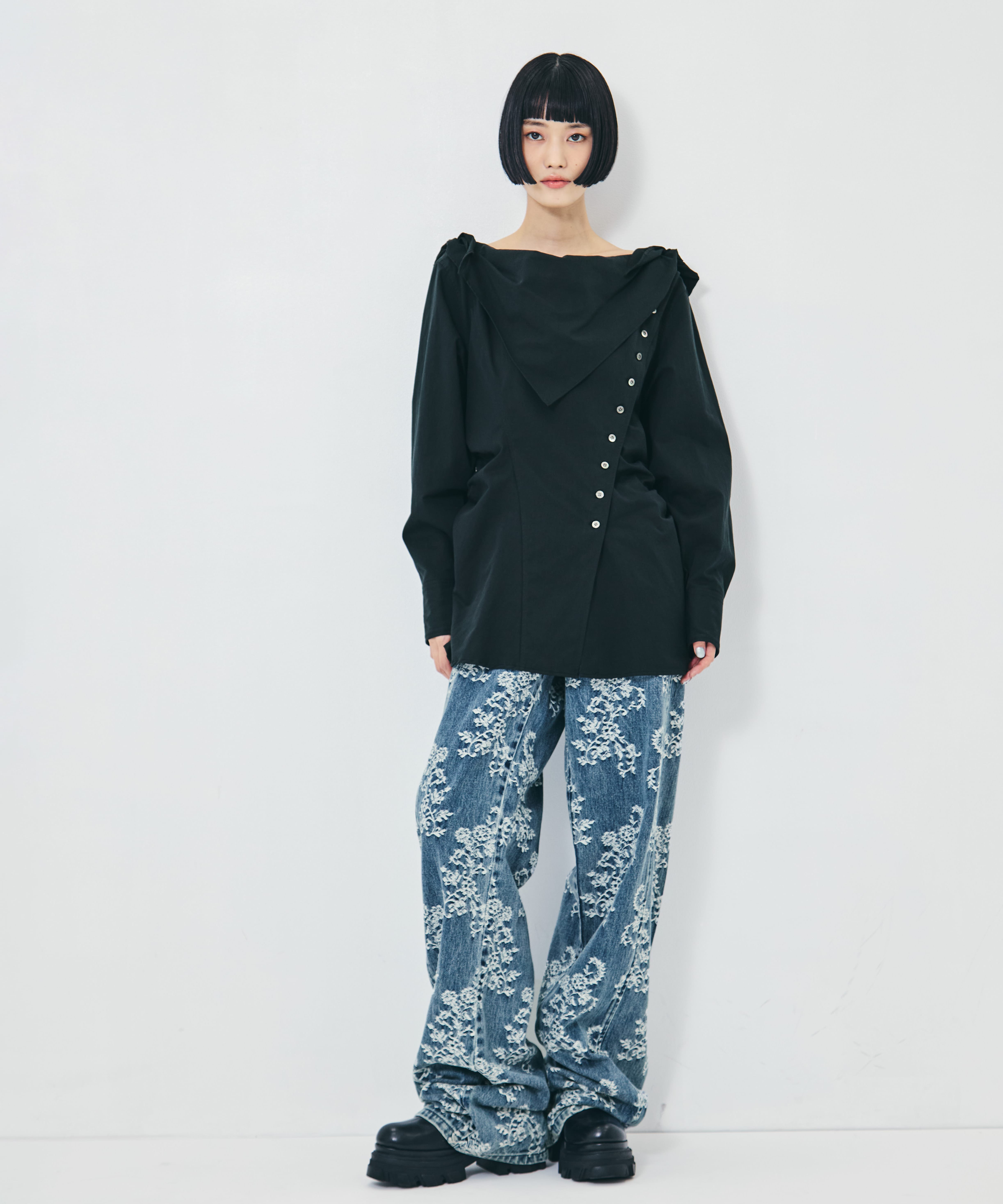 COTTON STRIPE SCARF COLLAR BLOUSE FETICO