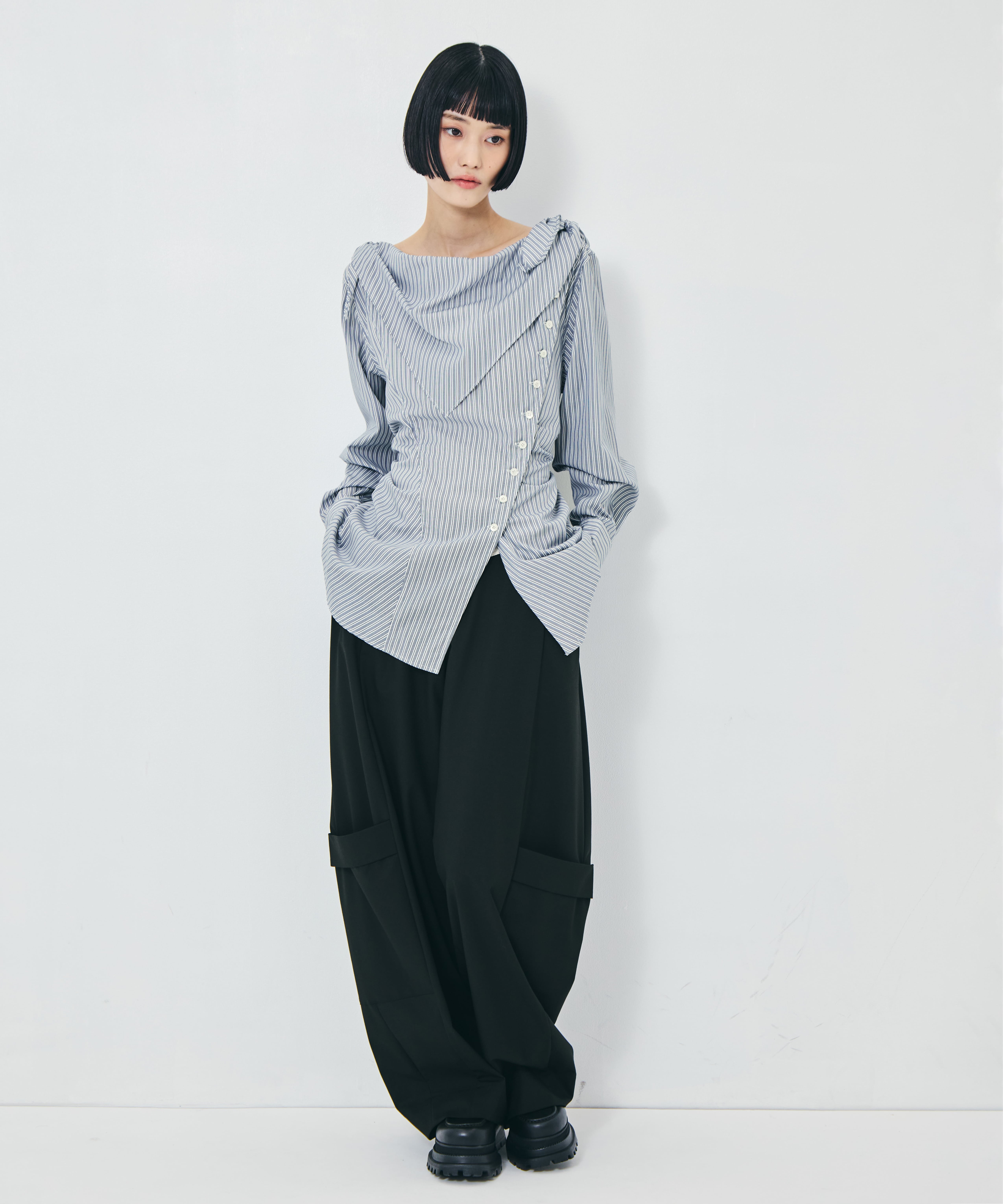 COTTON STRIPE SCARF COLLAR BLOUSE FETICO
