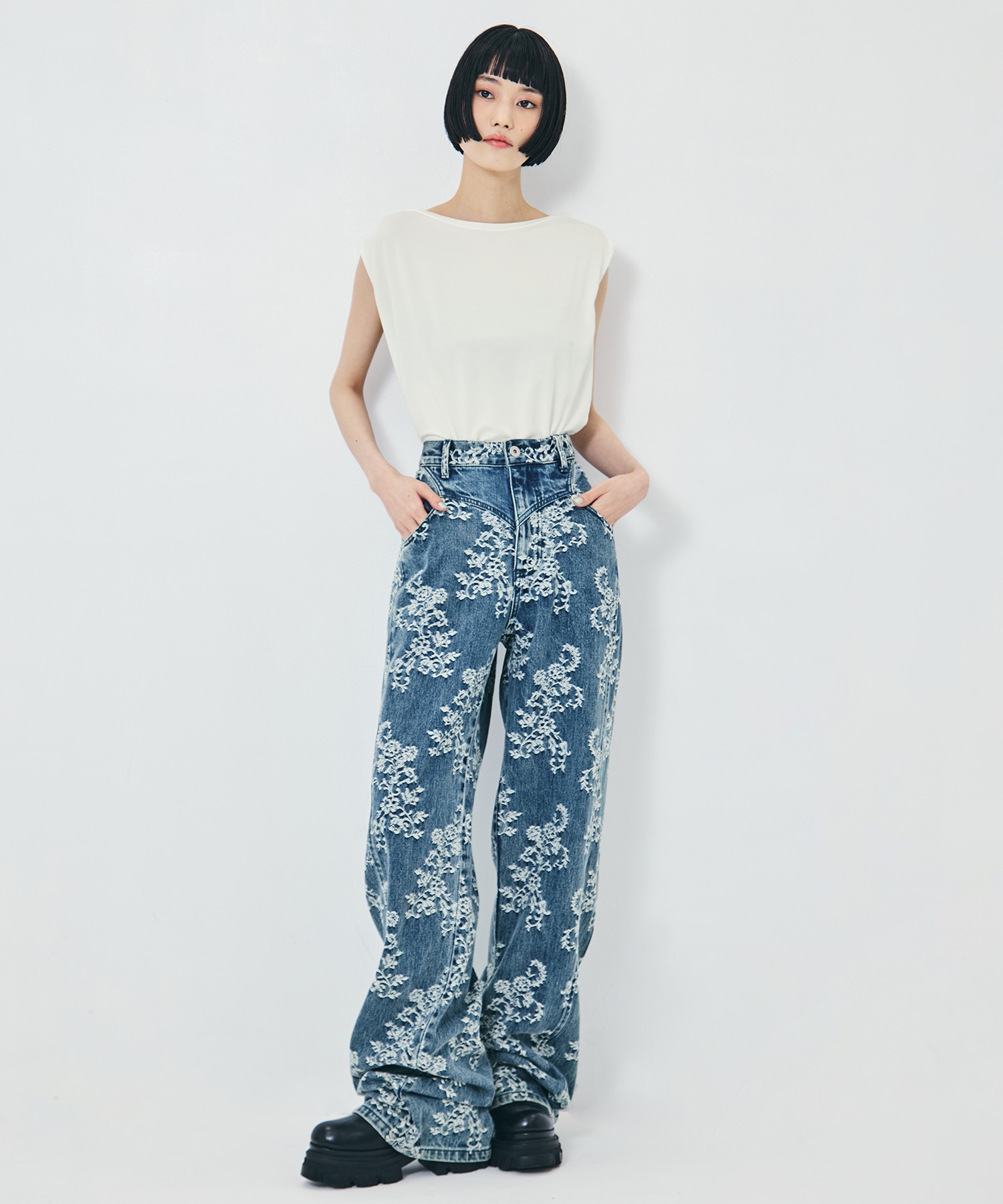 LACE-JACQUARD DENIM STRAIGHT JEANS FETICO