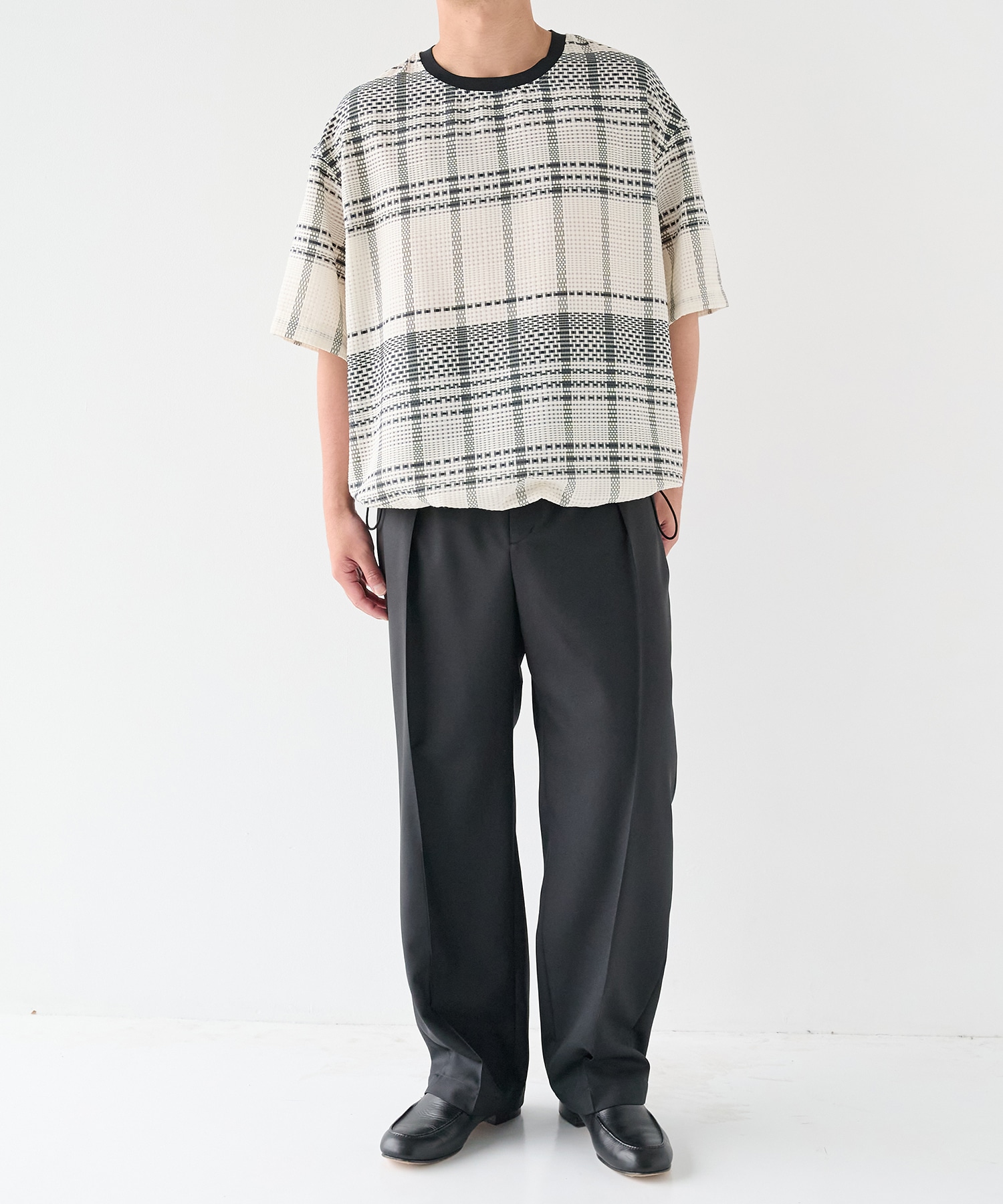Sheer Tile Check Drawstring Short Sleeve Pullover CULLNI
