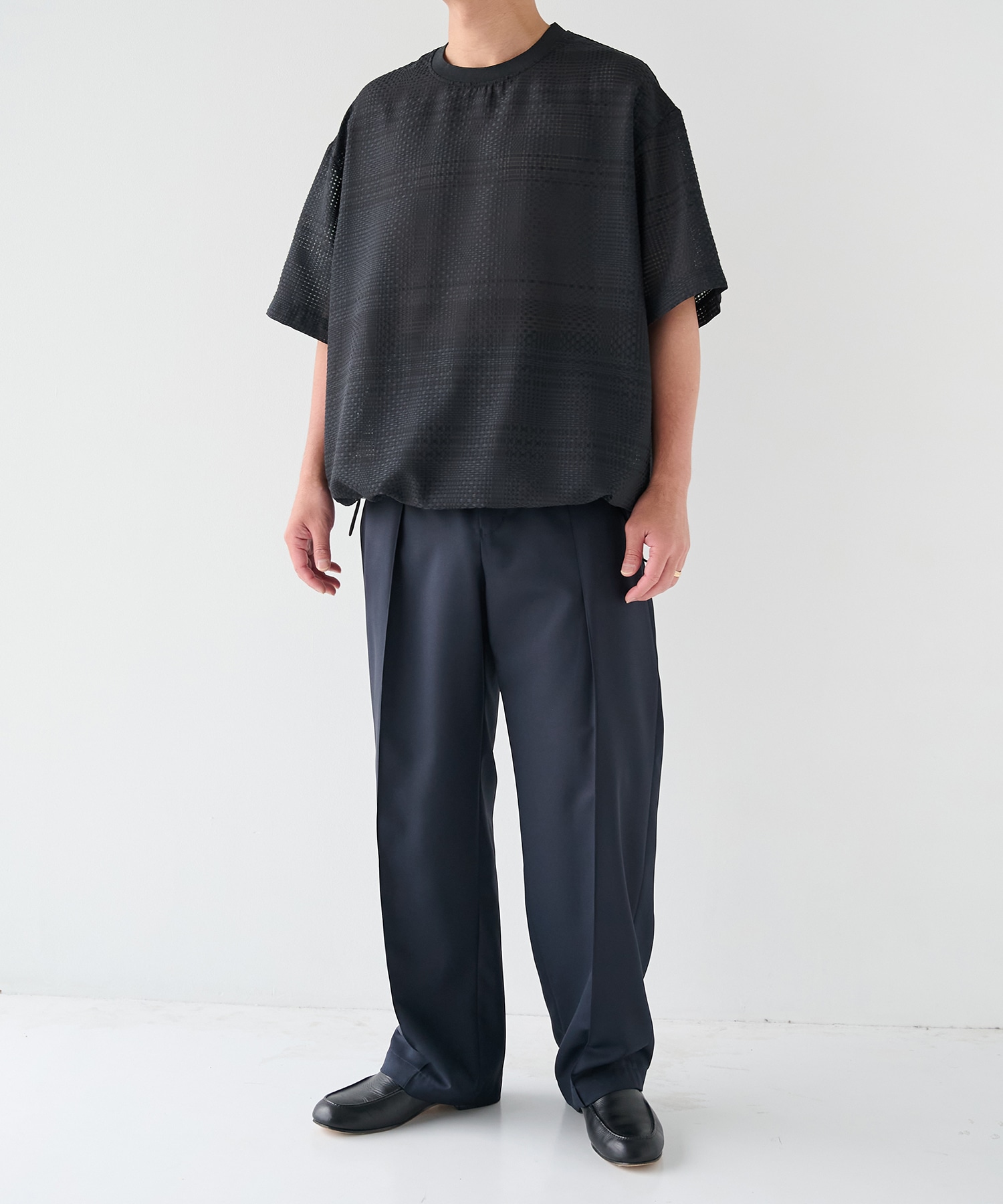 Sheer Tile Check Drawstring Short Sleeve Pullover CULLNI