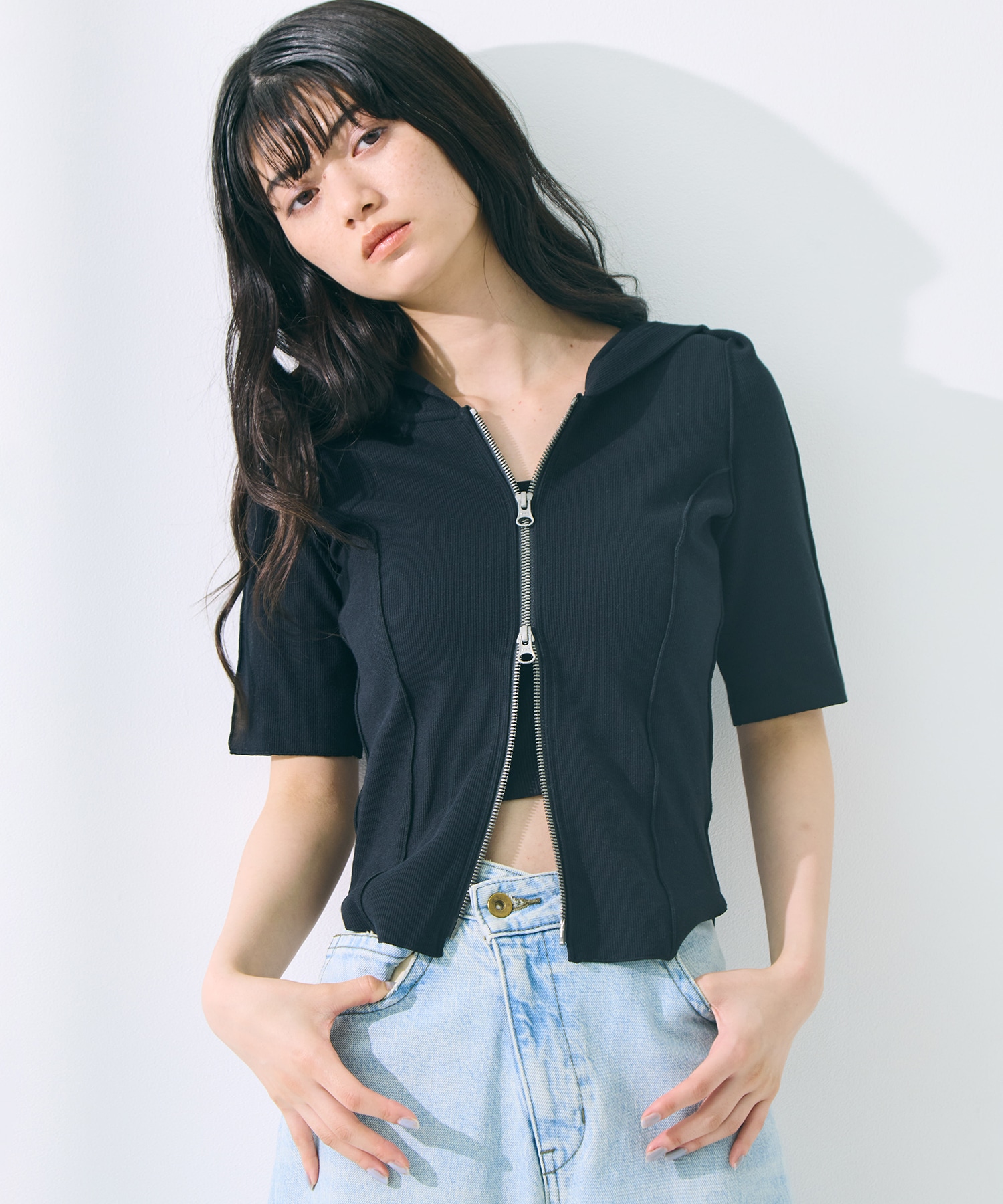 Zip Up Hoodie Rib Top STUDIOUS