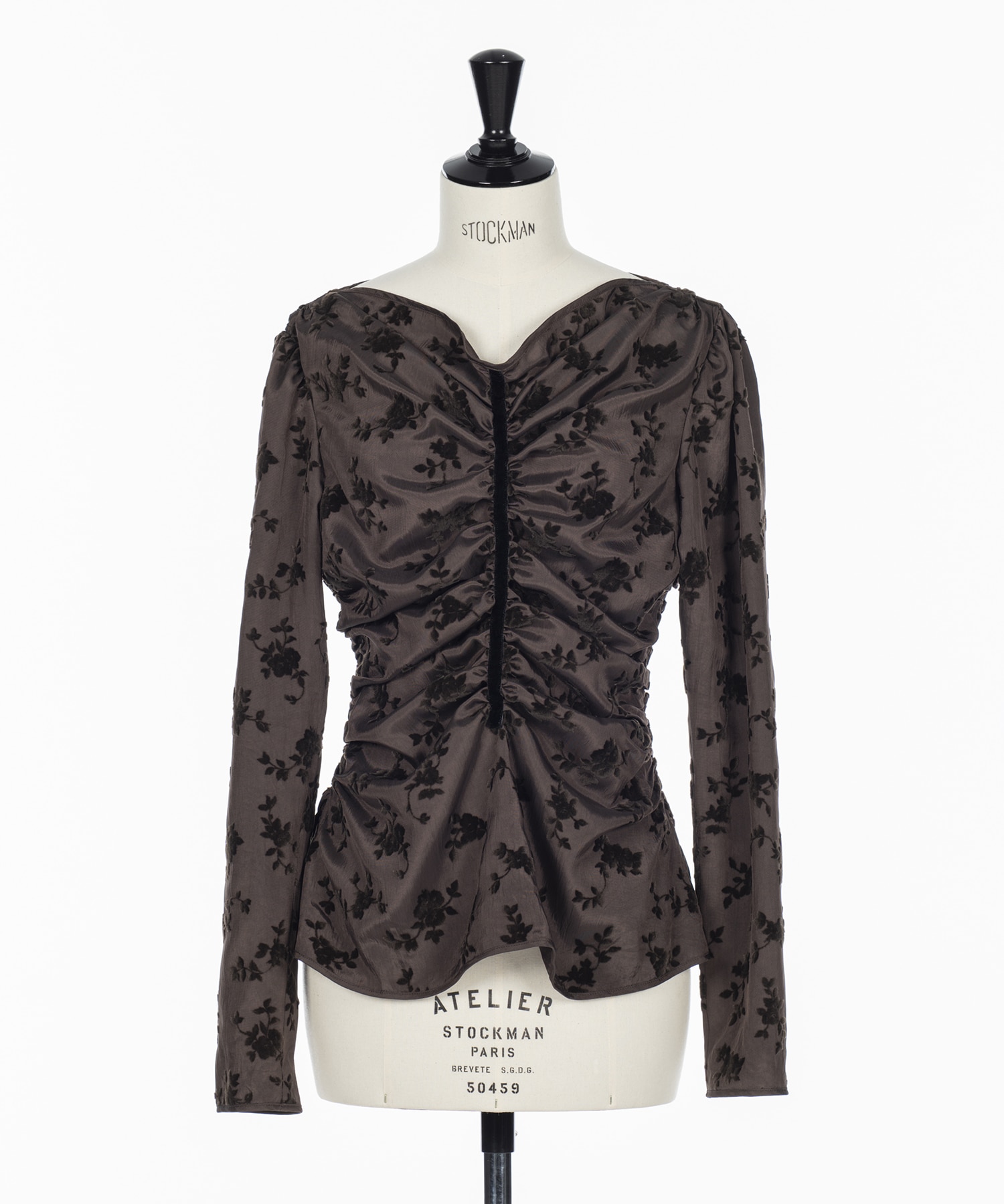 FLOCKED ROSE PRINT GATHERED BLOUSE FETICO