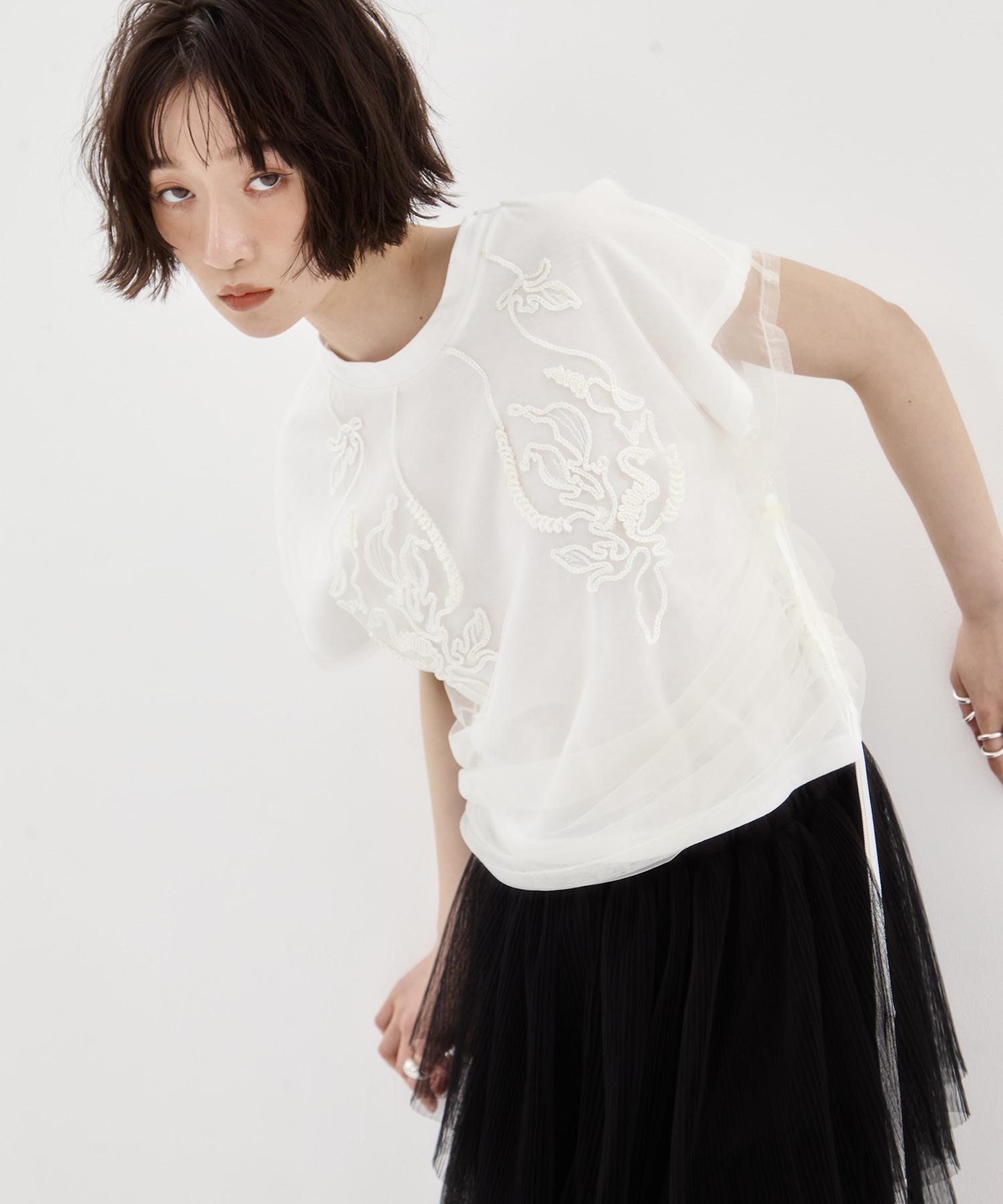 別注embroidered tulle layered tops MURRAL