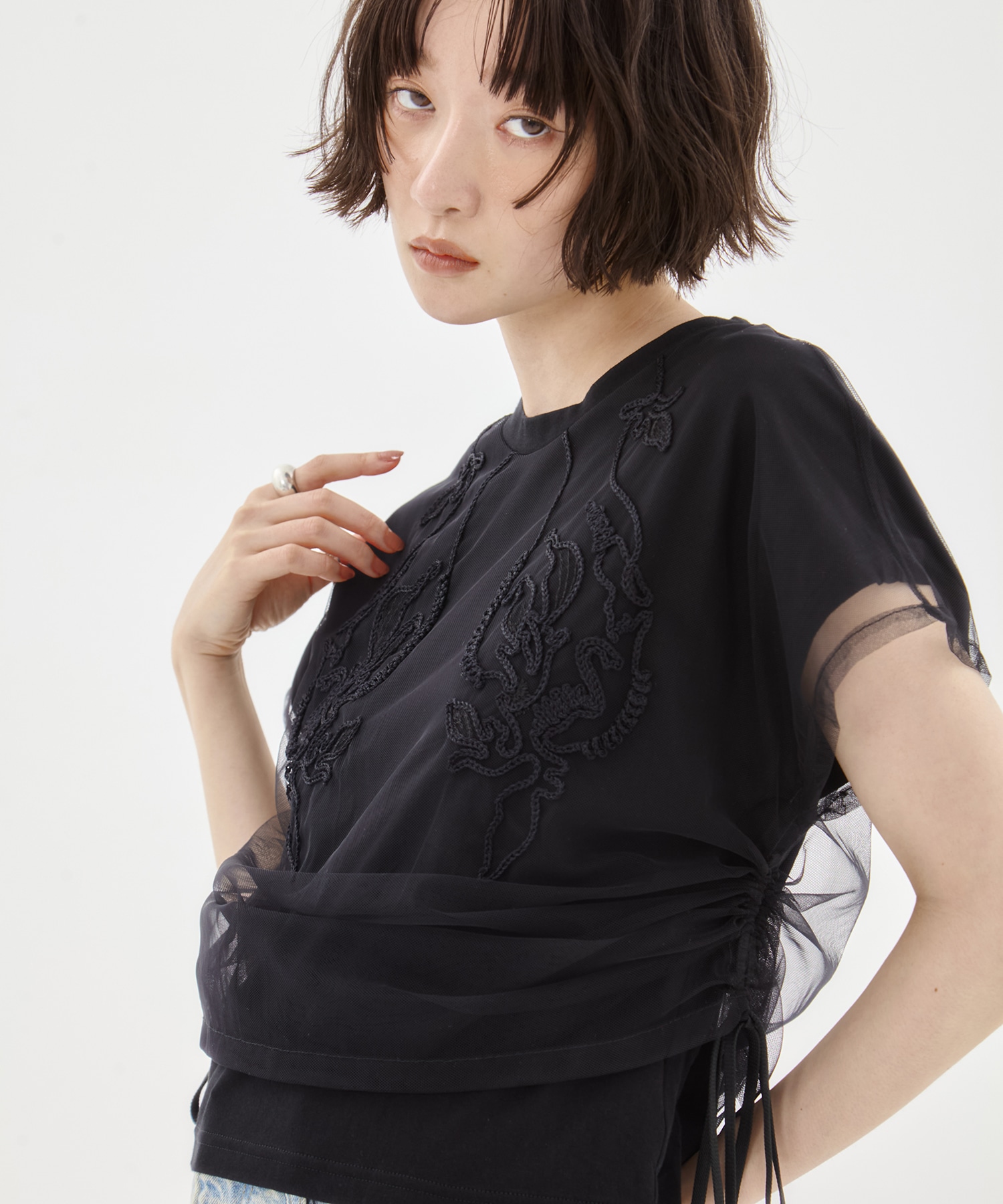 別注embroidered tulle layered tops MURRAL