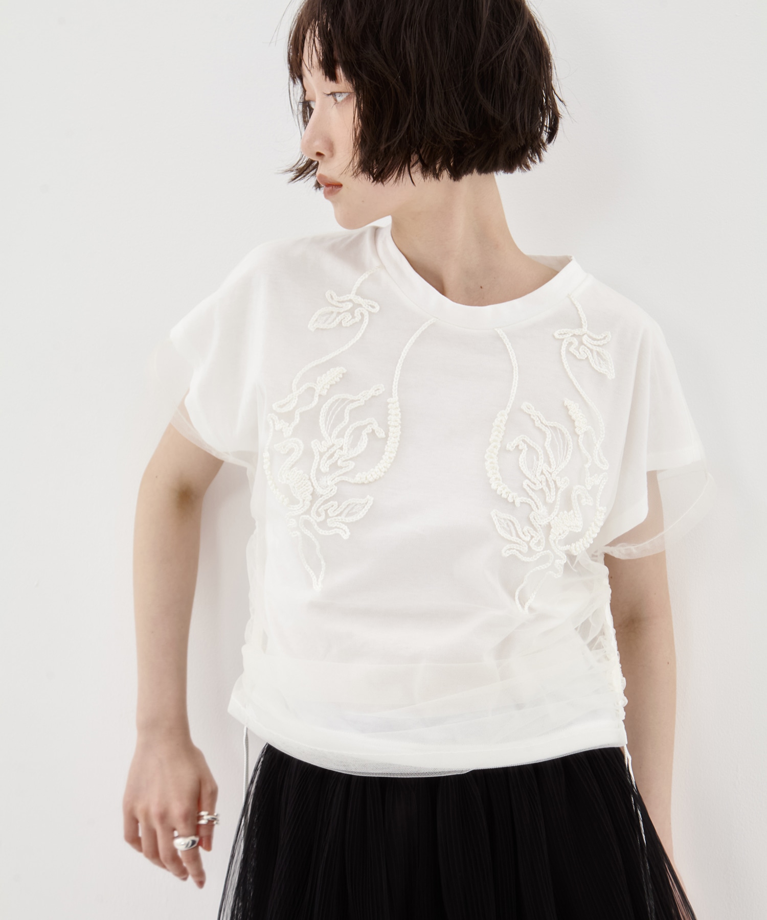 別注embroidered tulle layered tops MURRAL