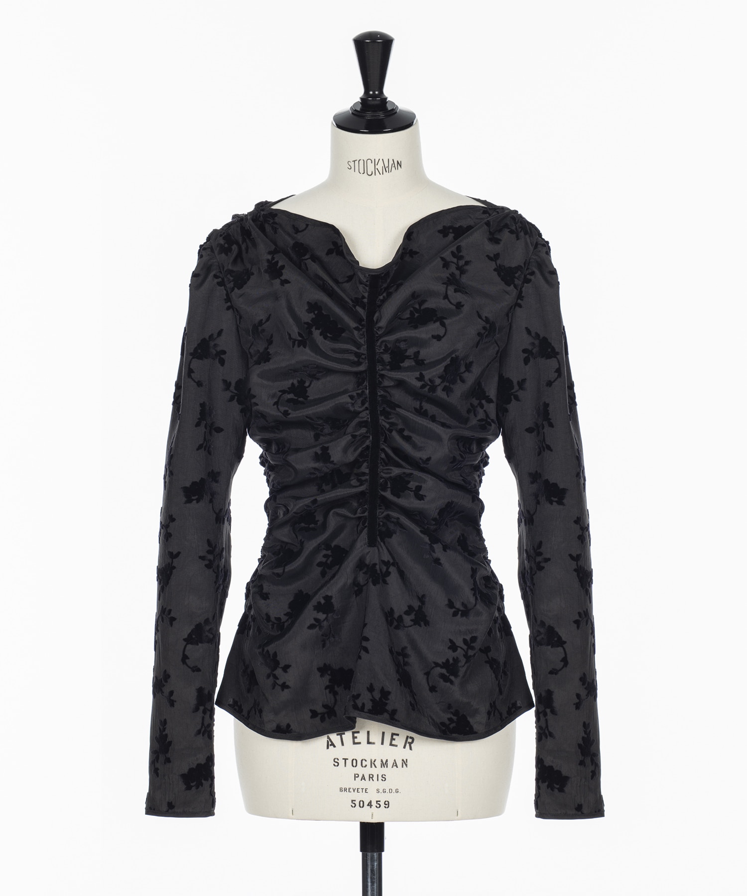 FLOCKED ROSE PRINT GATHERED BLOUSE FETICO