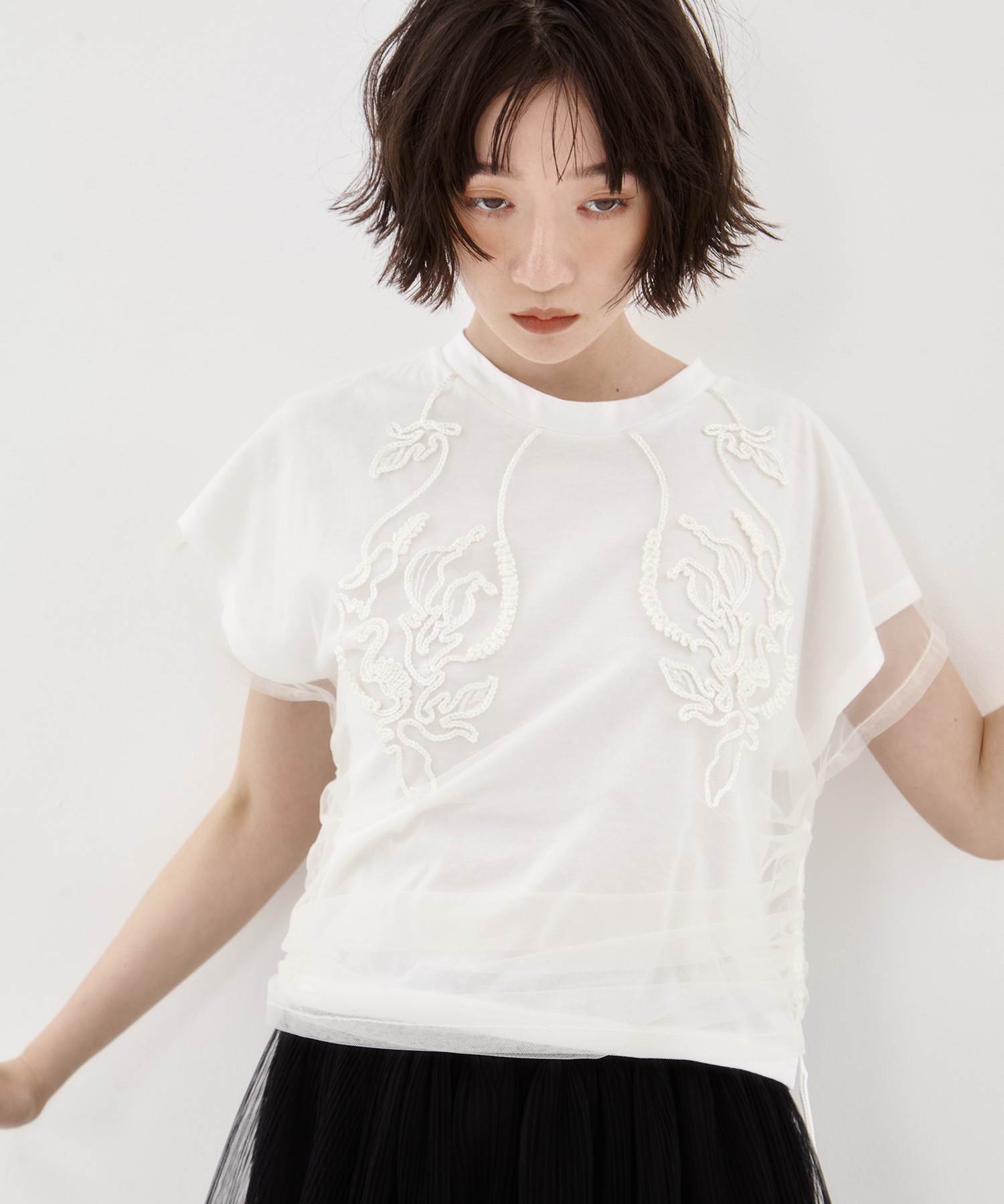 別注embroidered tulle layered tops MURRAL
