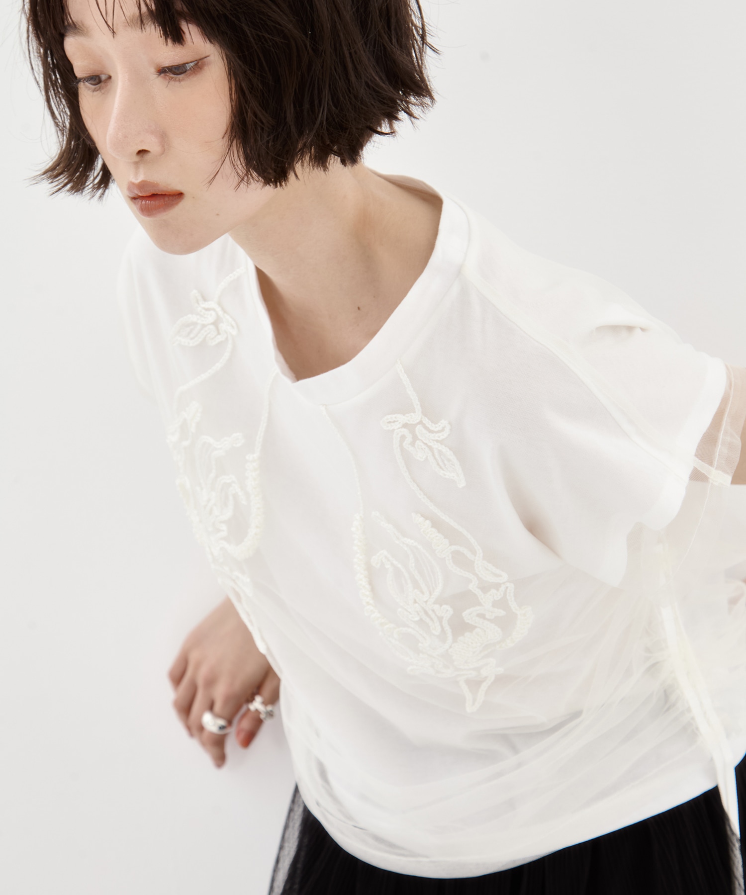 別注embroidered tulle layered tops MURRAL