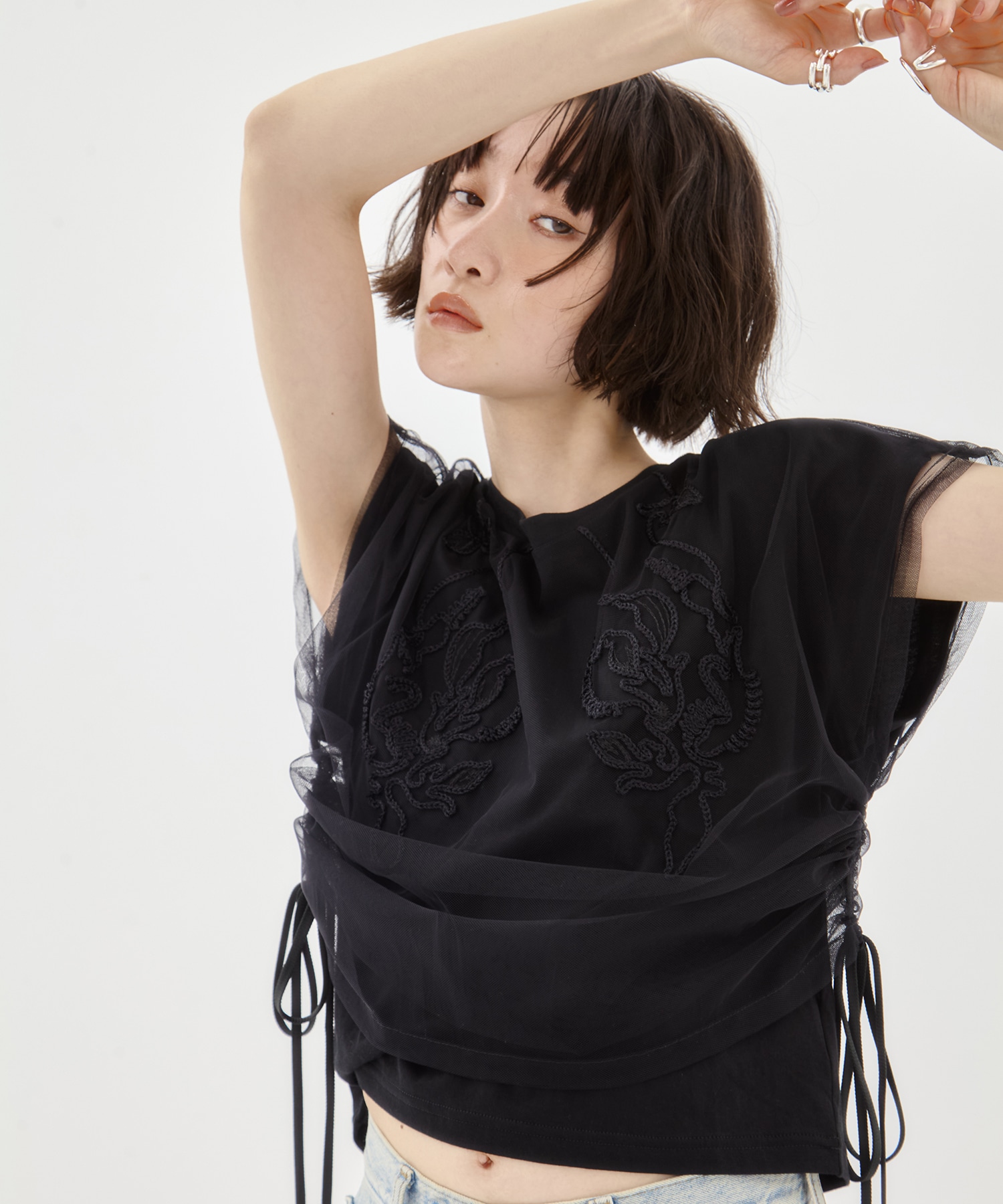別注embroidered tulle layered tops MURRAL