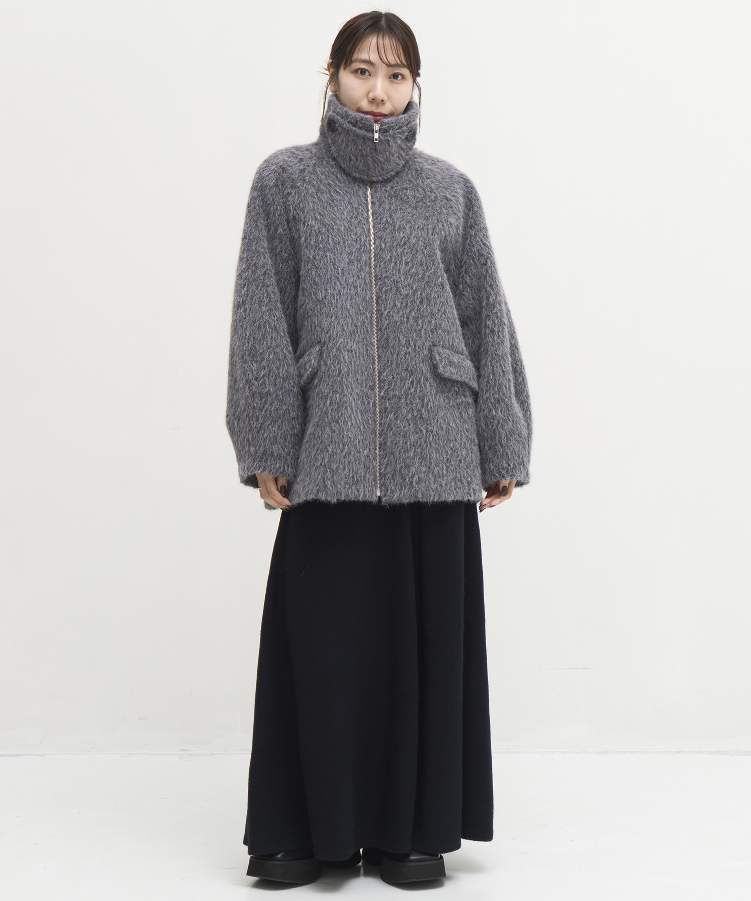 STAND COLLAR SHAGGY MIDDLE COAT STUDIOUS