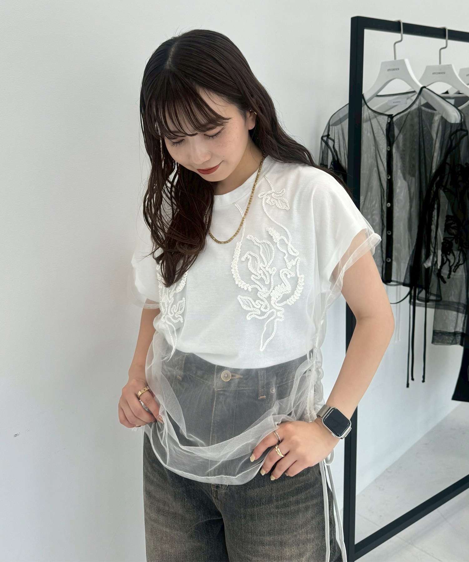 別注embroidered tulle layered tops MURRAL