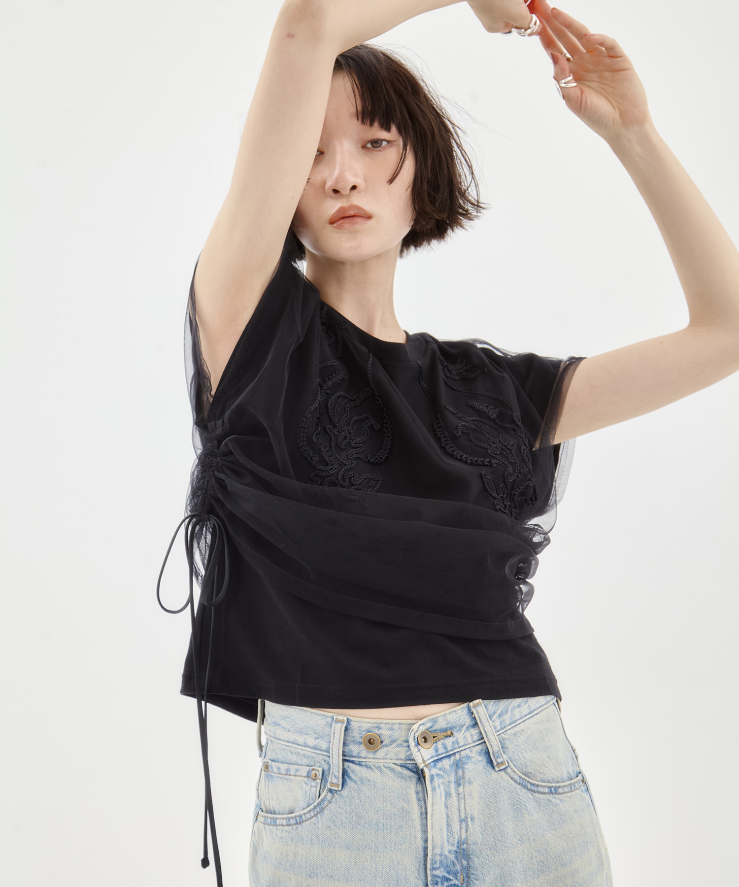 別注embroidered tulle layered tops MURRAL