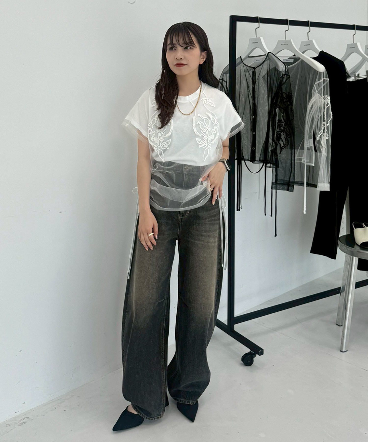 別注embroidered tulle layered tops MURRAL