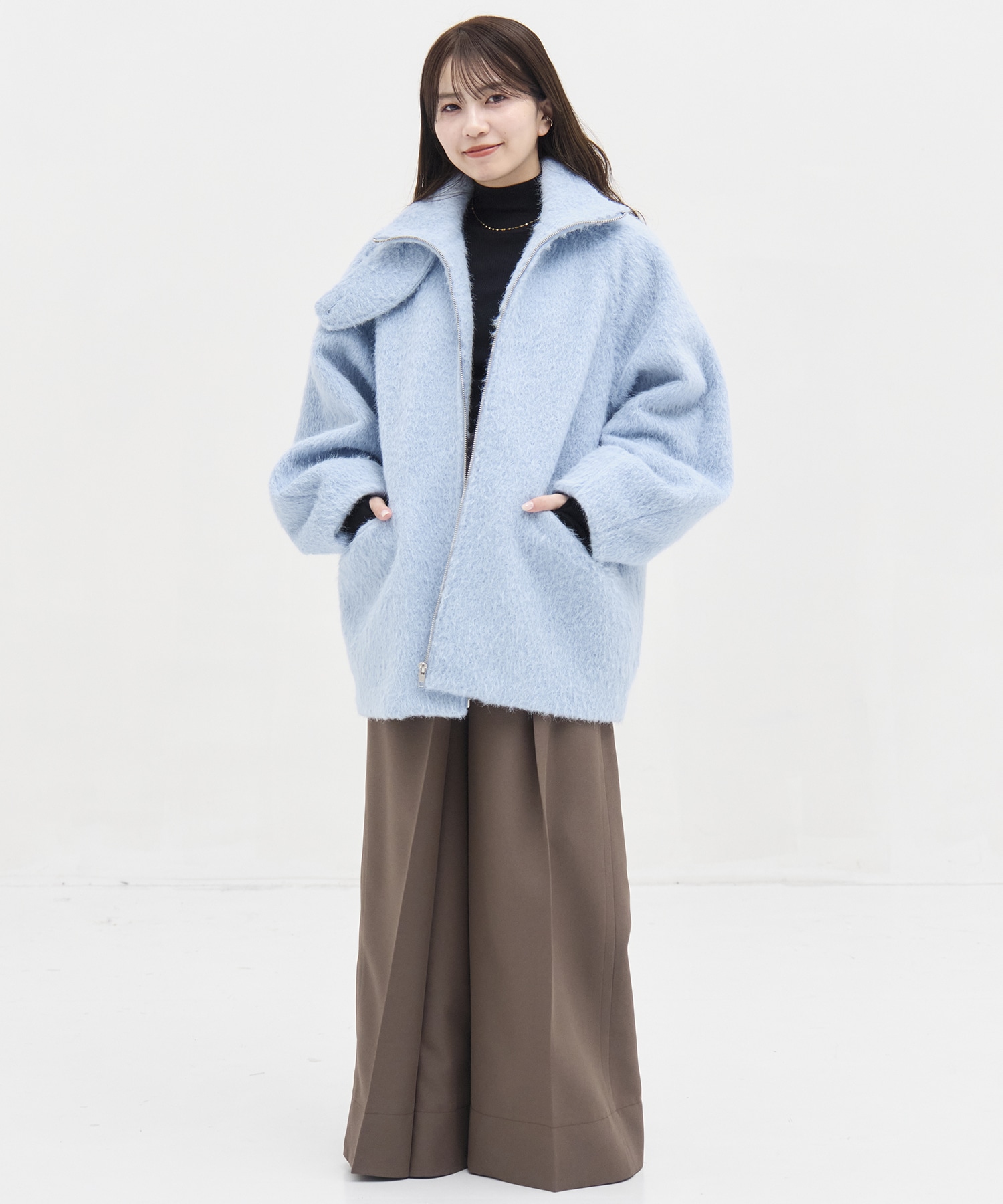 STAND COLLAR SHAGGY MIDDLE COAT STUDIOUS