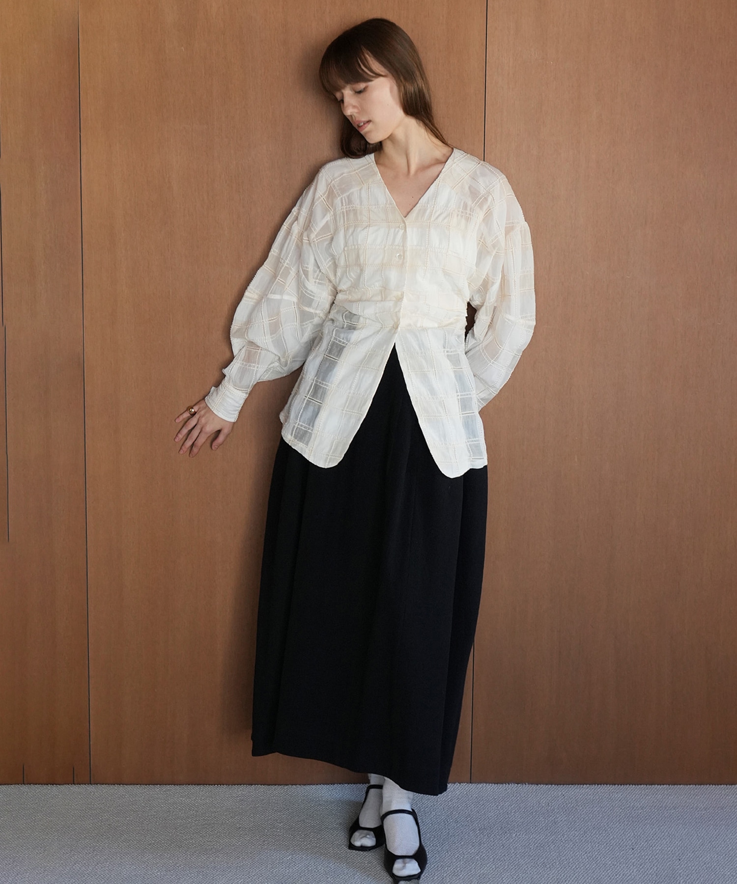 SHEER CHECK TUCK WAIST BLOUSE CLANE