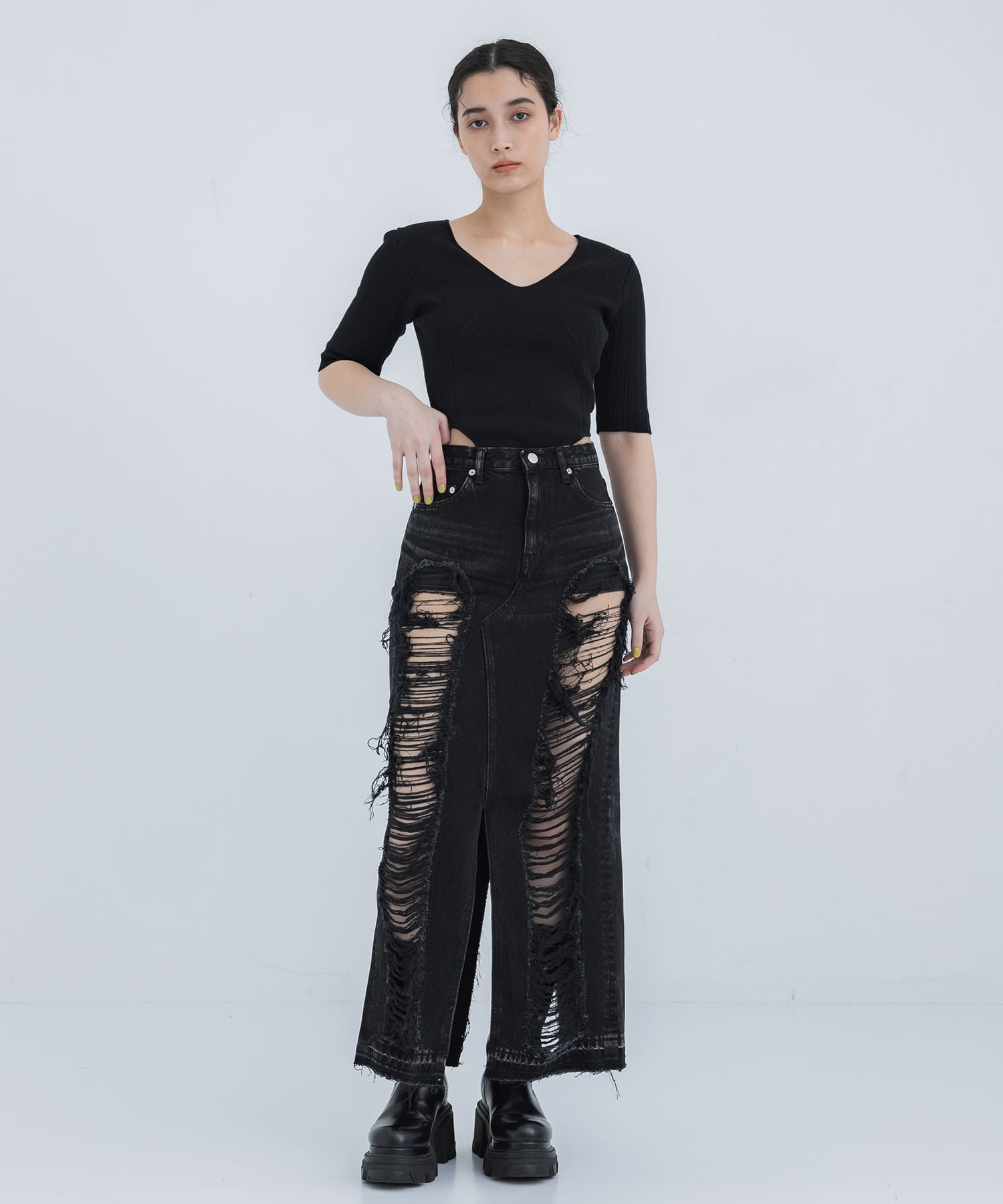WASHED DENIM RIPPED LONG SKIRT JOHN LAWRENCE SULLIVAN