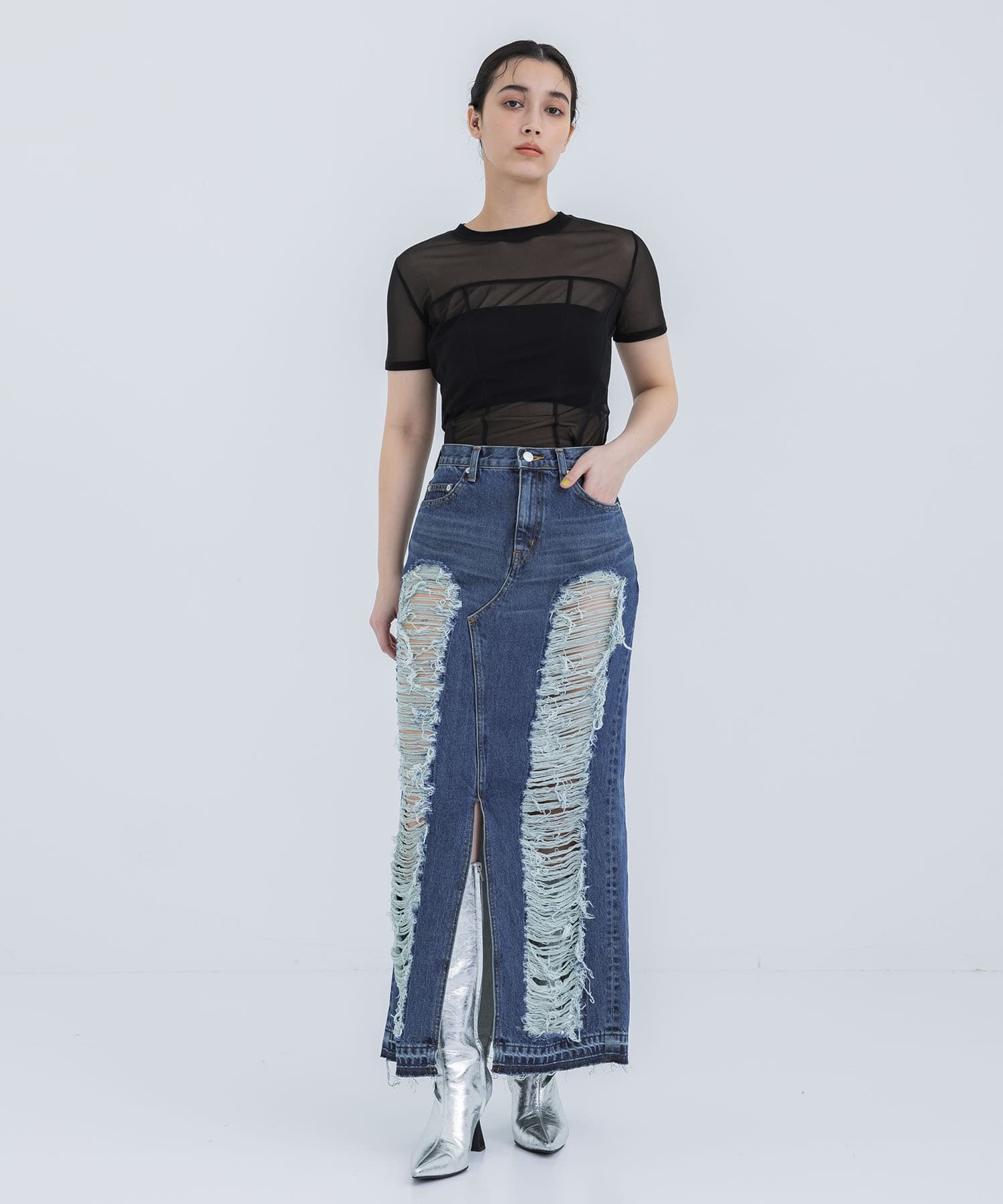WASHED DENIM RIPPED LONG SKIRT JOHN LAWRENCE SULLIVAN