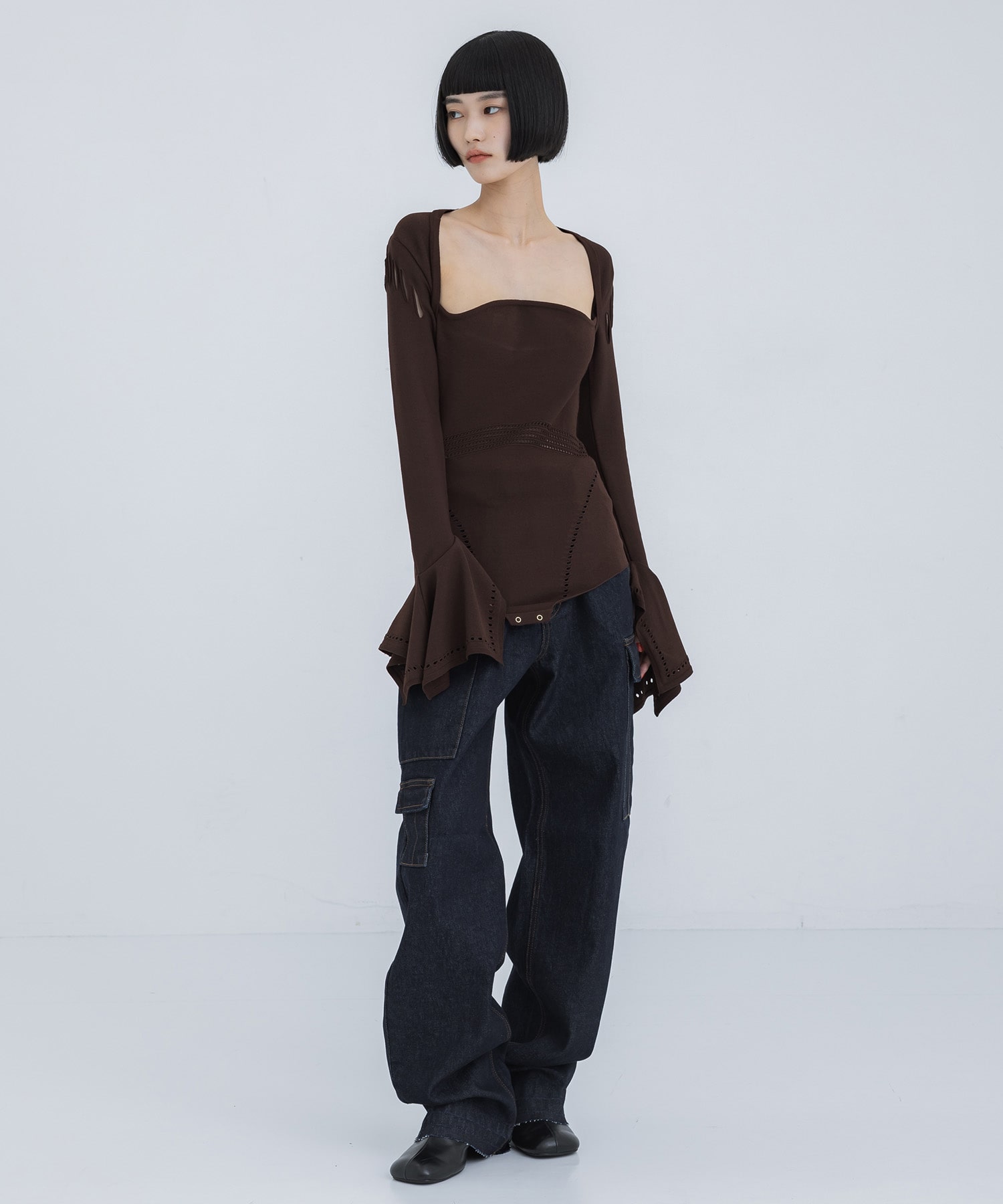 MESH KNIT SHAPED-NECK BODYSUIT FETICO