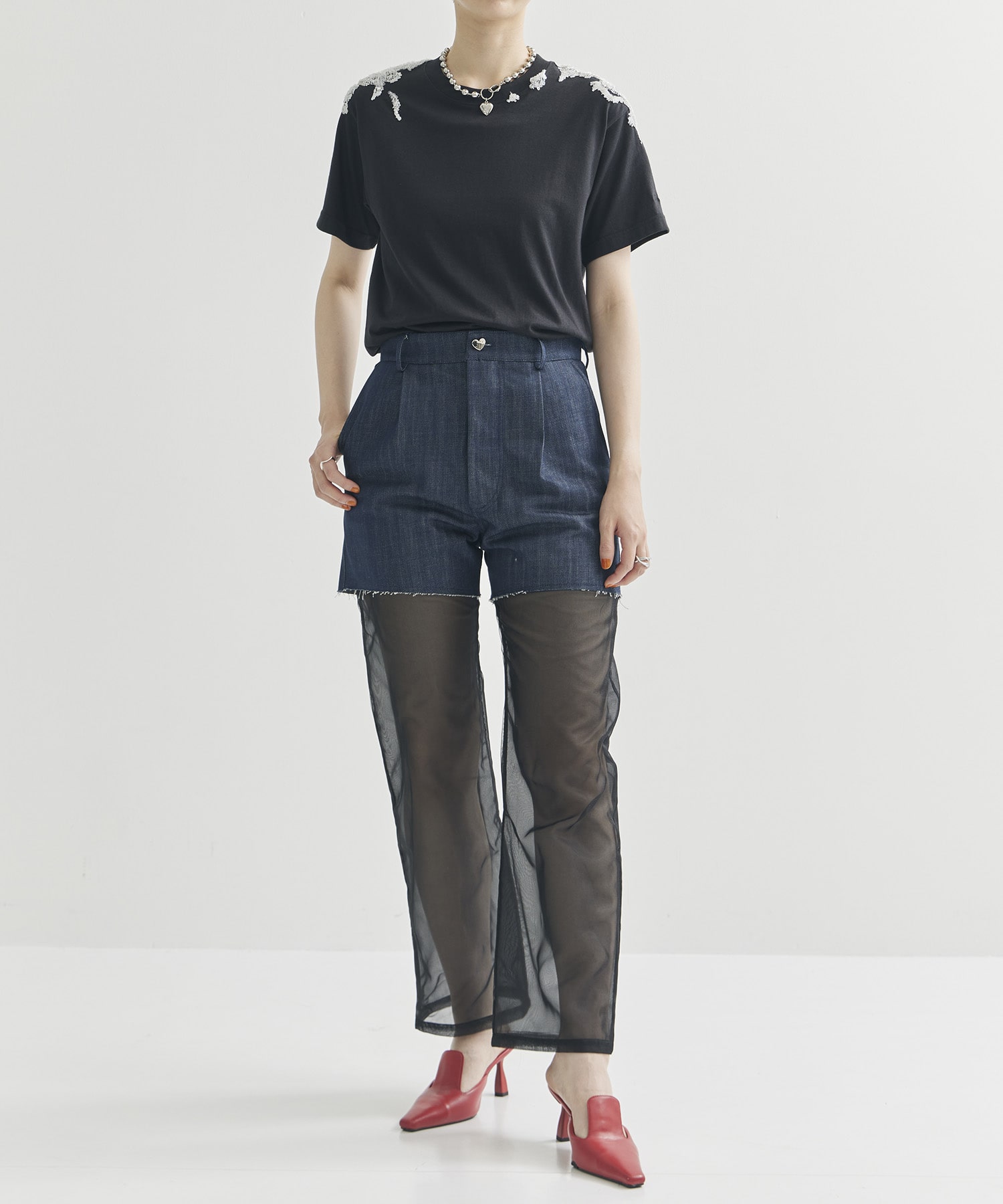 別注Panel Tulle Denim Pants VIVIANO