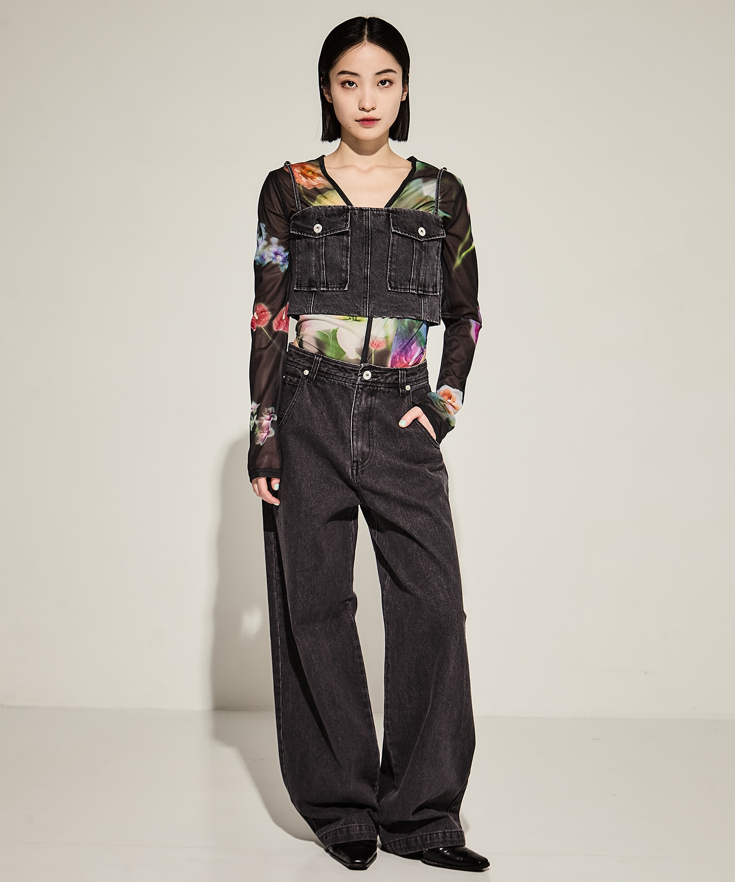 2WAY SMOKE FLOWER SHEER TOP AMERI
