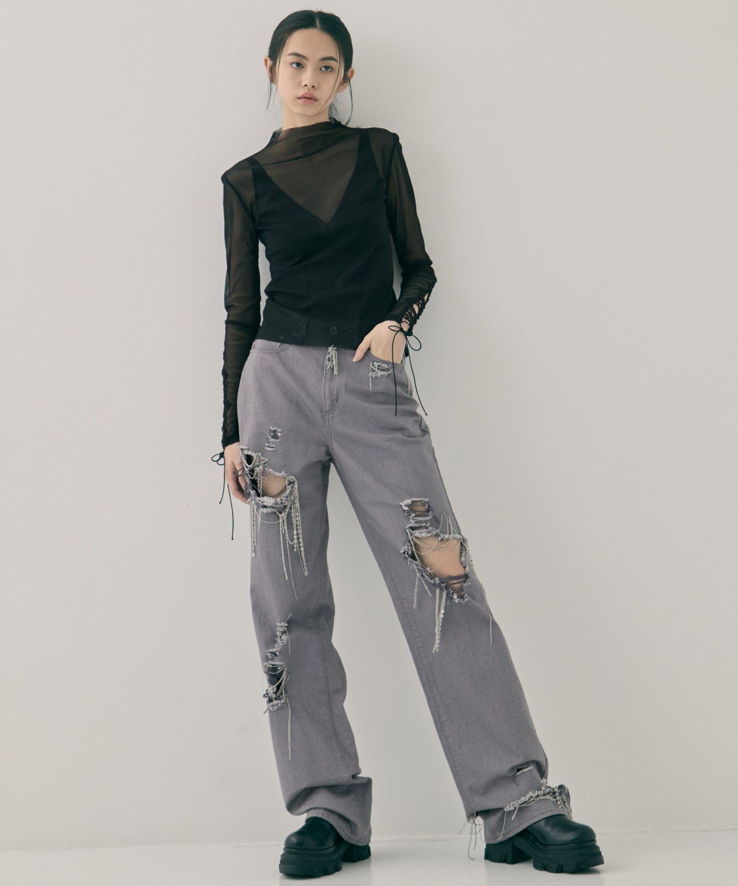 lace up sleeve sheer tops Beige tanakadaisuke