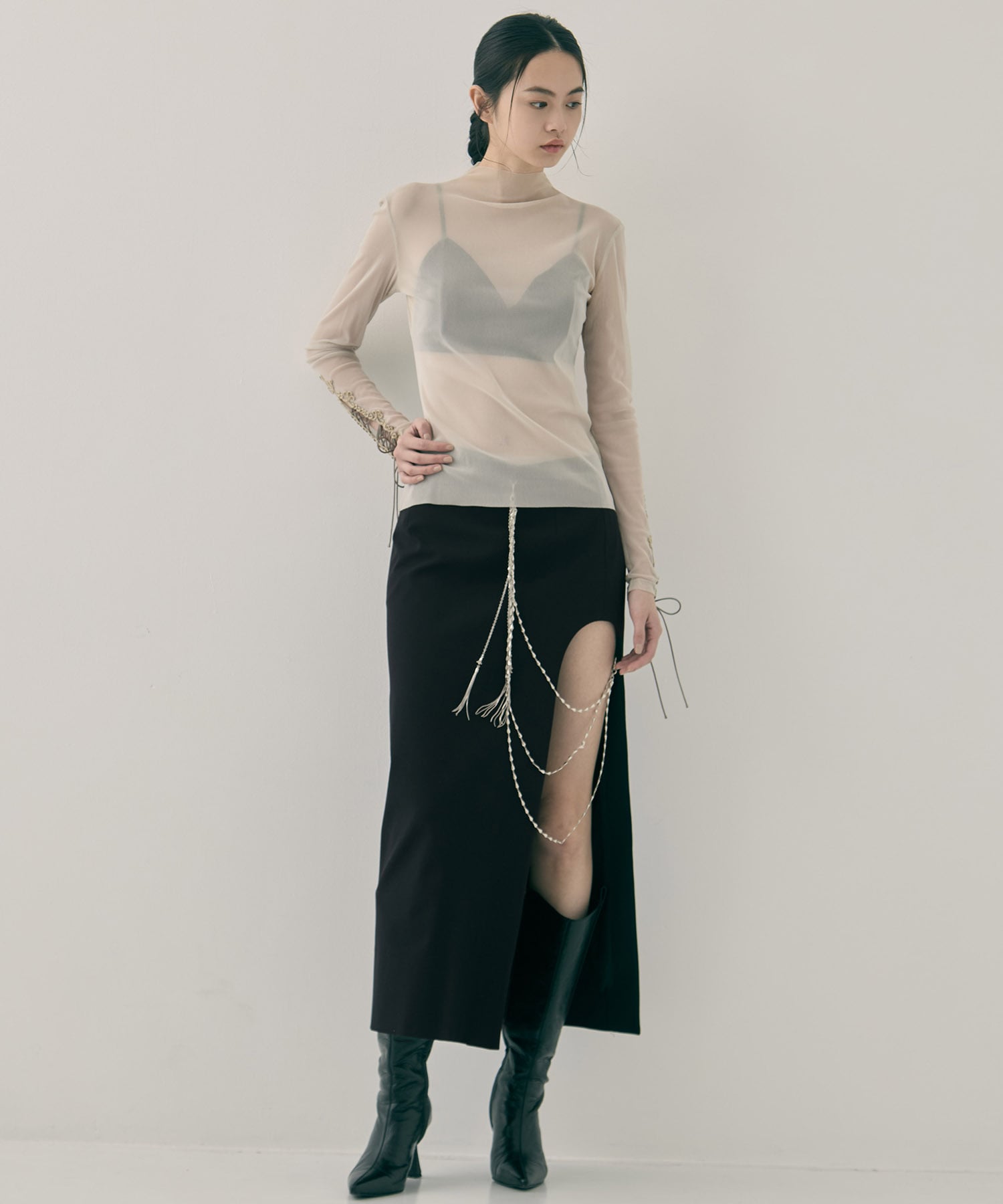 lace up sleeve sheer tops Beige tanakadaisuke