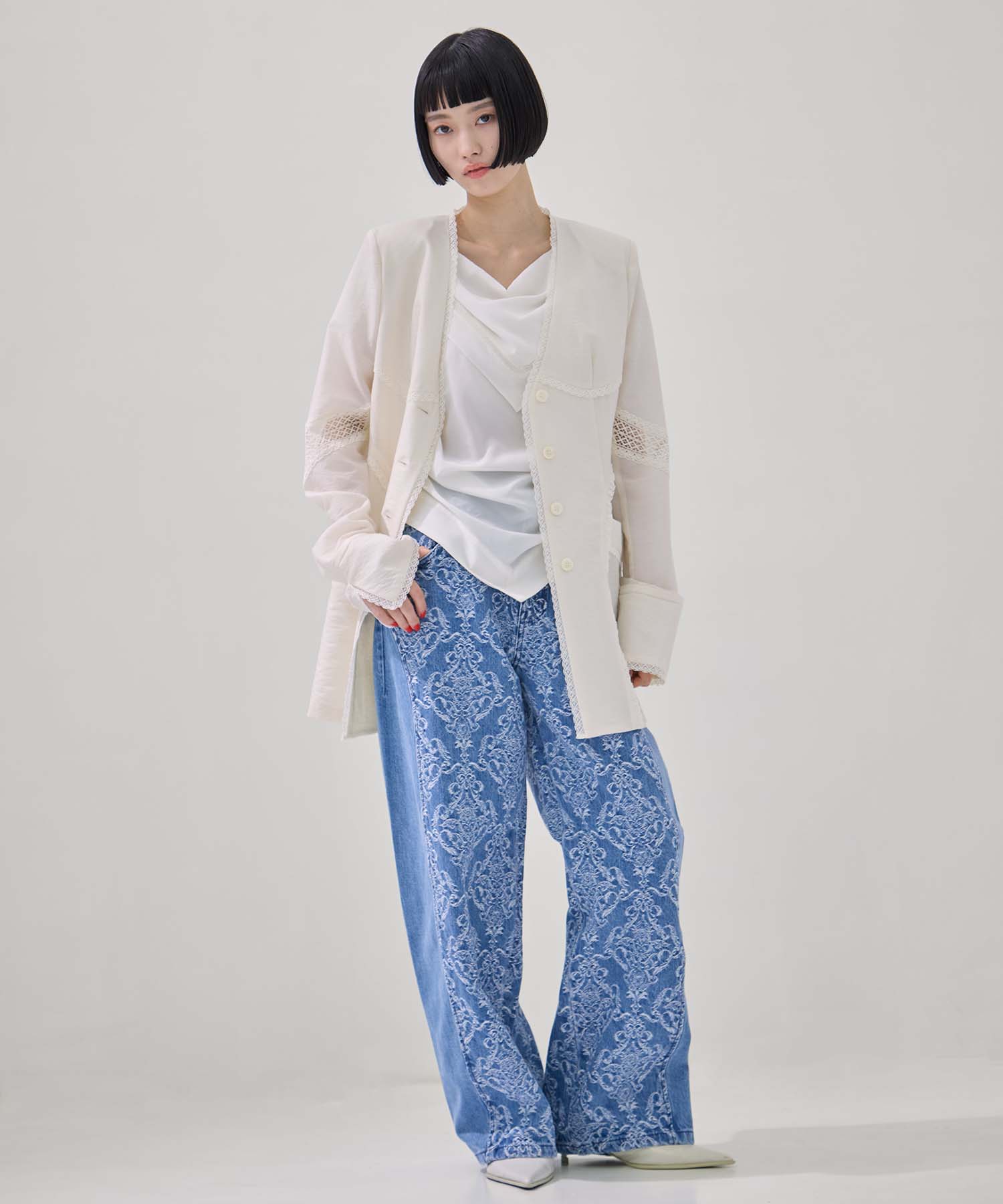 DAMASK-PRINT DENIM CURVE-FIT HIGH-RISE JEANS 