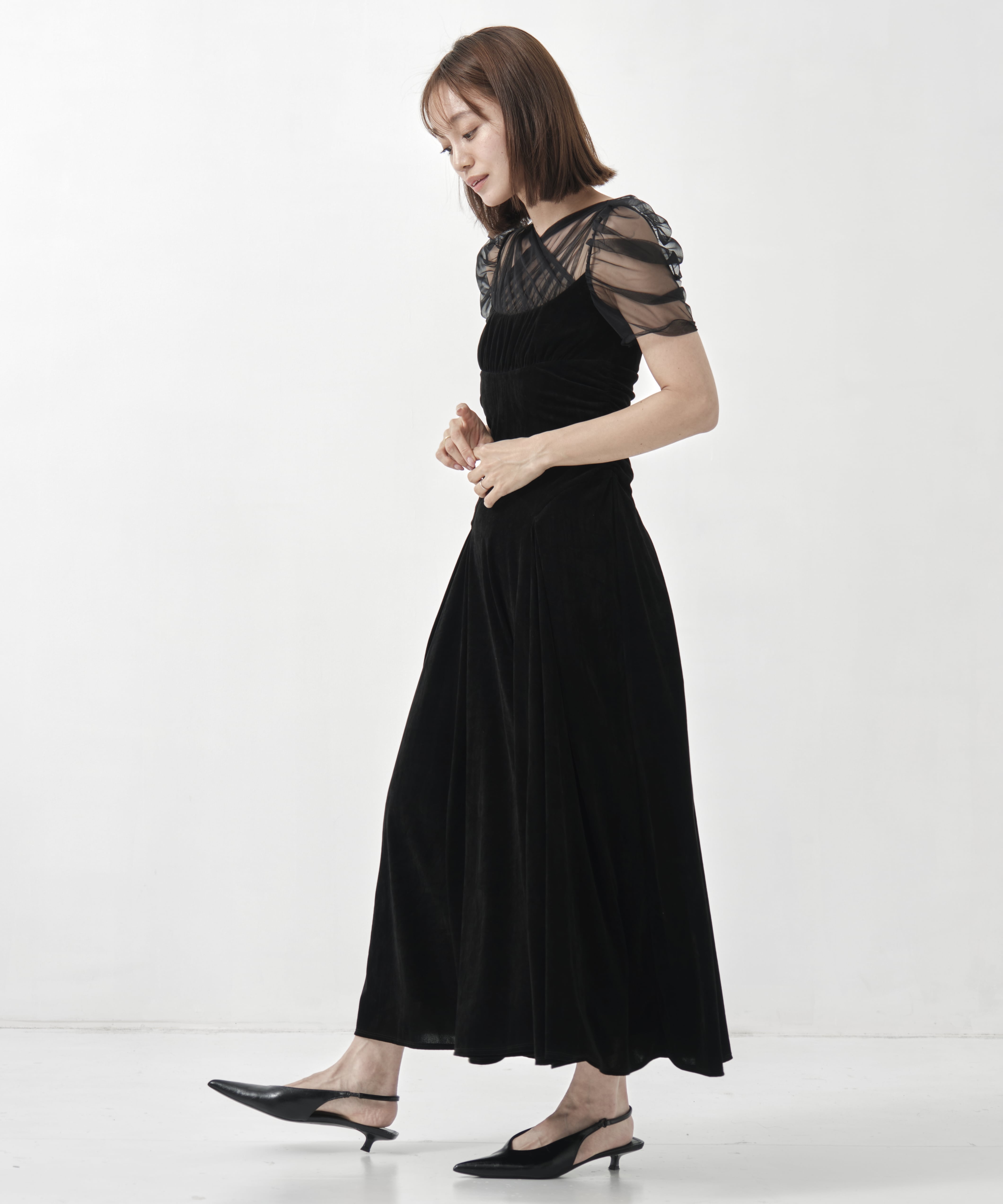 VELVET TULLE GATHERED DRESS FETICO