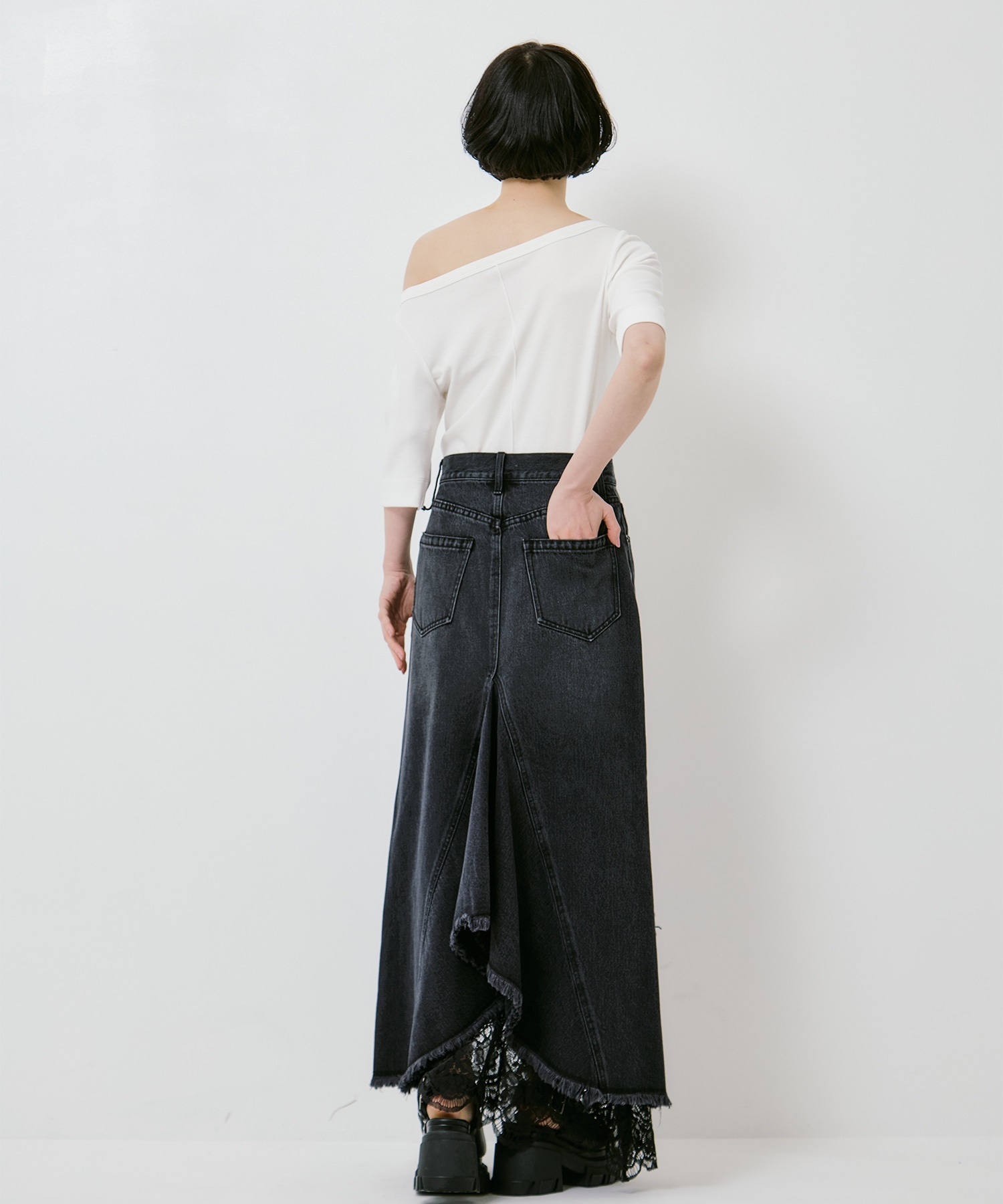 REMAKE LIKE DENIM LACE LAYERED SKIRT AMERI