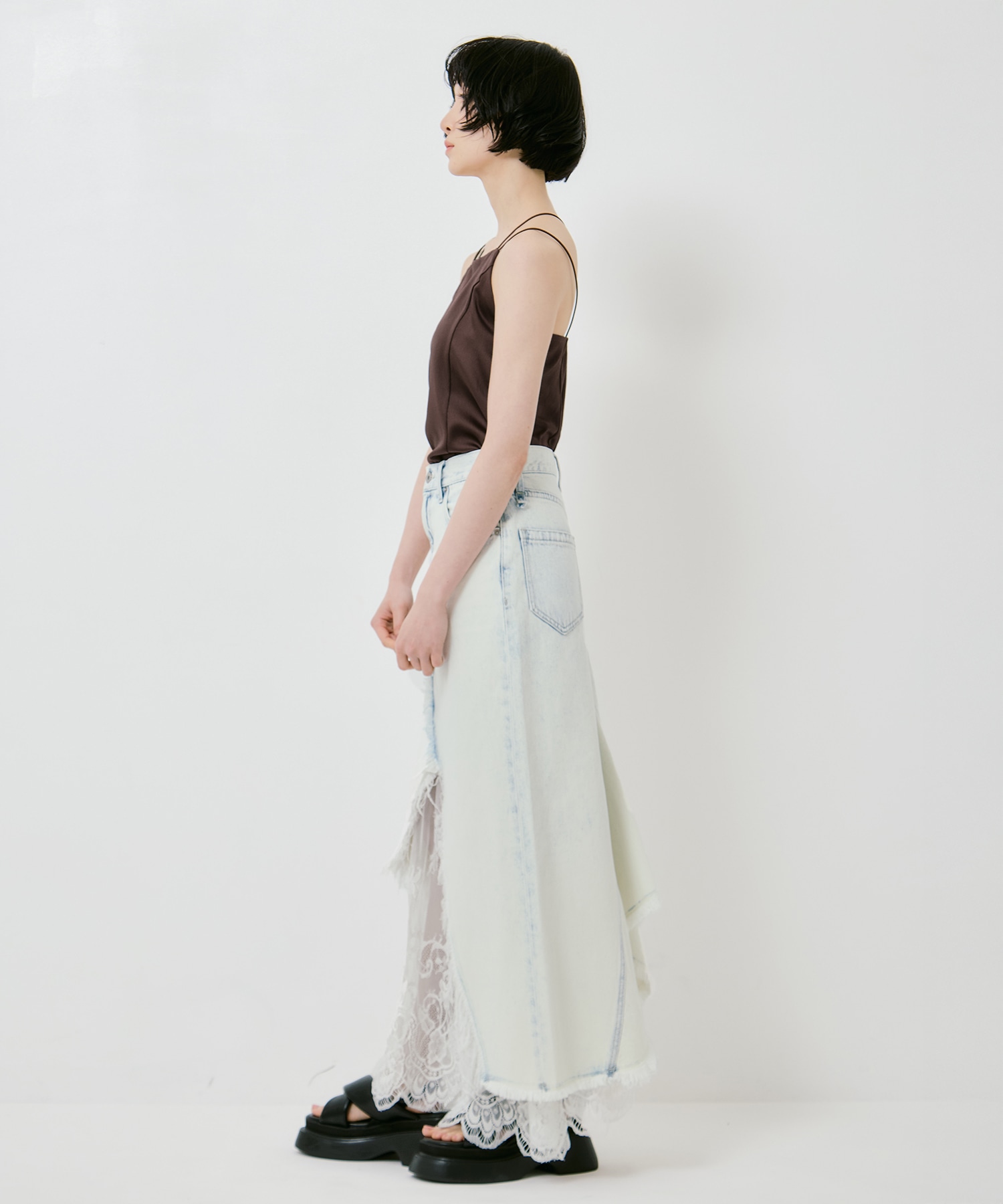 REMAKE LIKE DENIM LACE LAYERED SKIRT AMERI