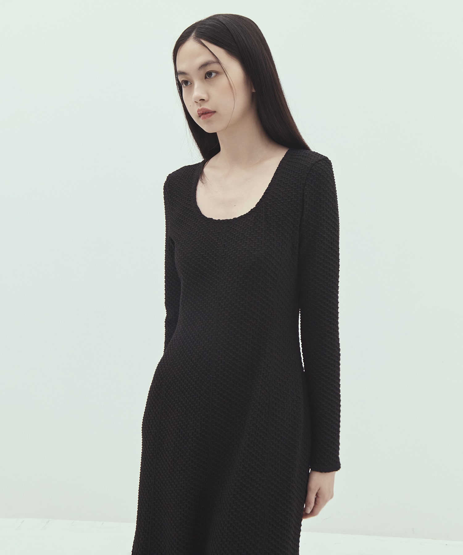 Shirring Jersey Jacquard Long Sleeve Dress Mame Kurogouchi