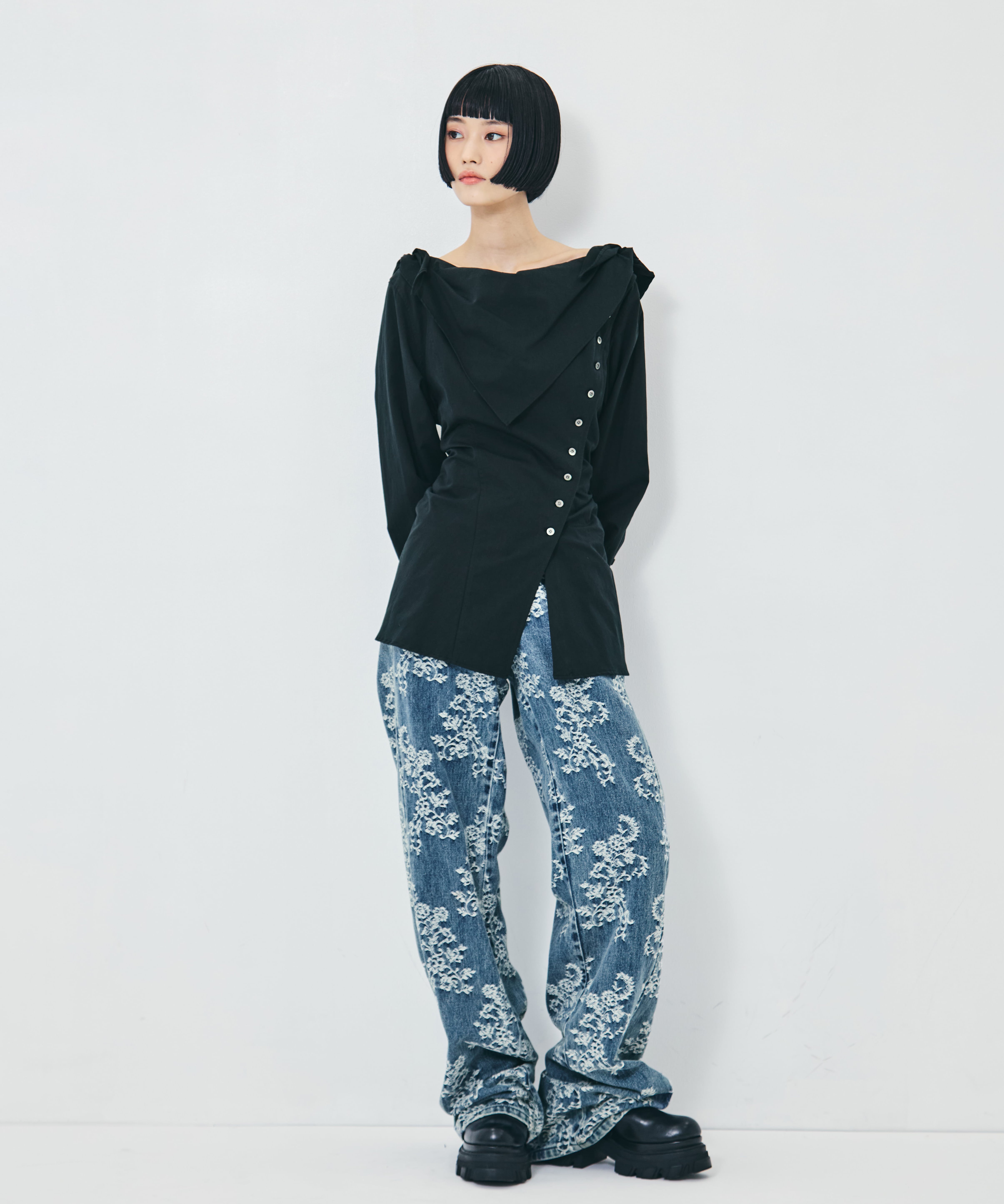 COTTON STRIPE SCARF COLLAR BLOUSE FETICO