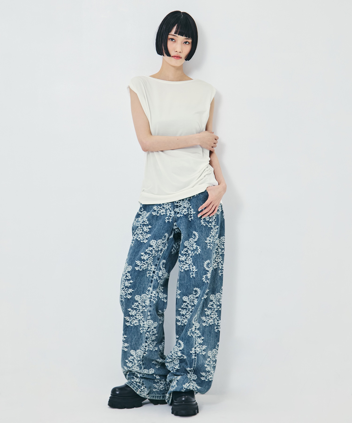 LACE-JACQUARD DENIM STRAIGHT JEANS FETICO