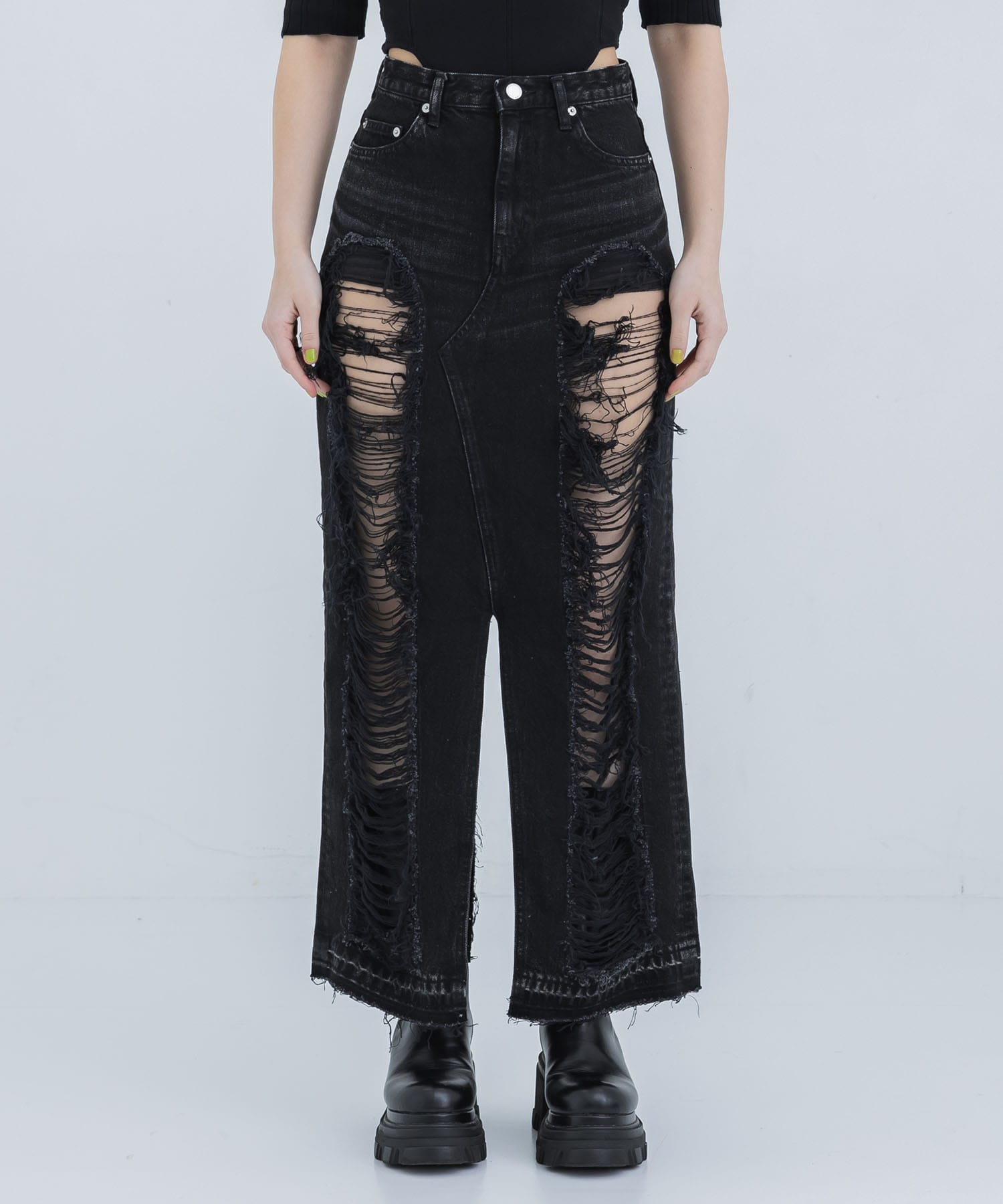 WASHED DENIM RIPPED LONG SKIRT JOHN LAWRENCE SULLIVAN